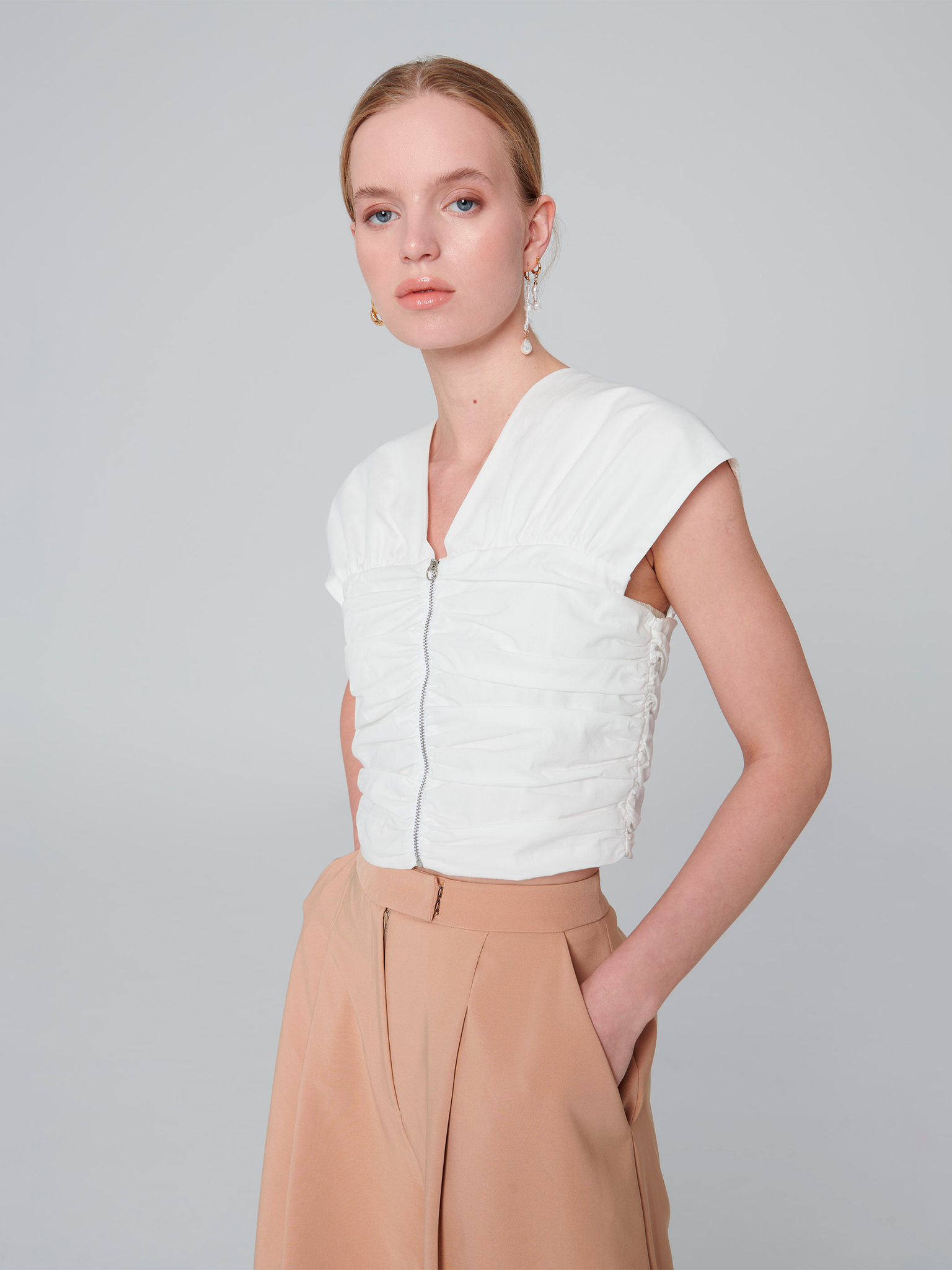 Poplin 2-Way Ruched Top