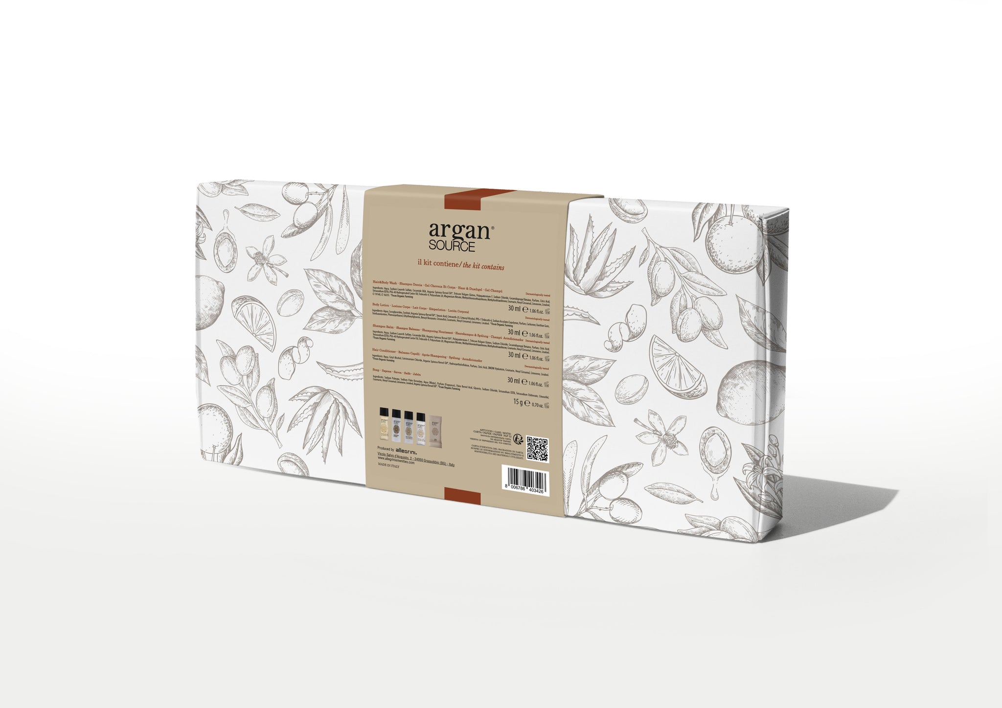 Essential Kit - Argan Soap 15g, body lotion 30ml, shampoo 30 ml, conditioner 30 ml, hair & body wash 30ml