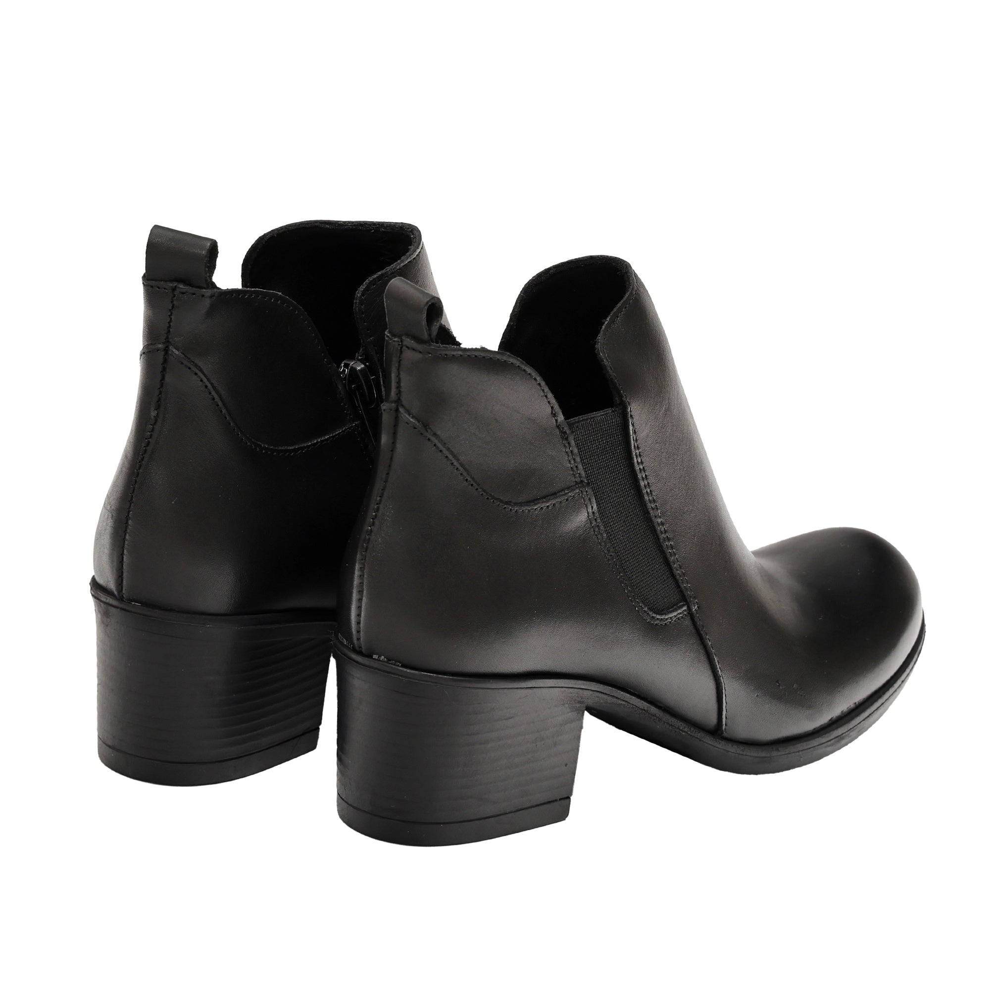 Tronchetto in Vera Pelle con Tacco Comodo e Fascia Elastica Nero