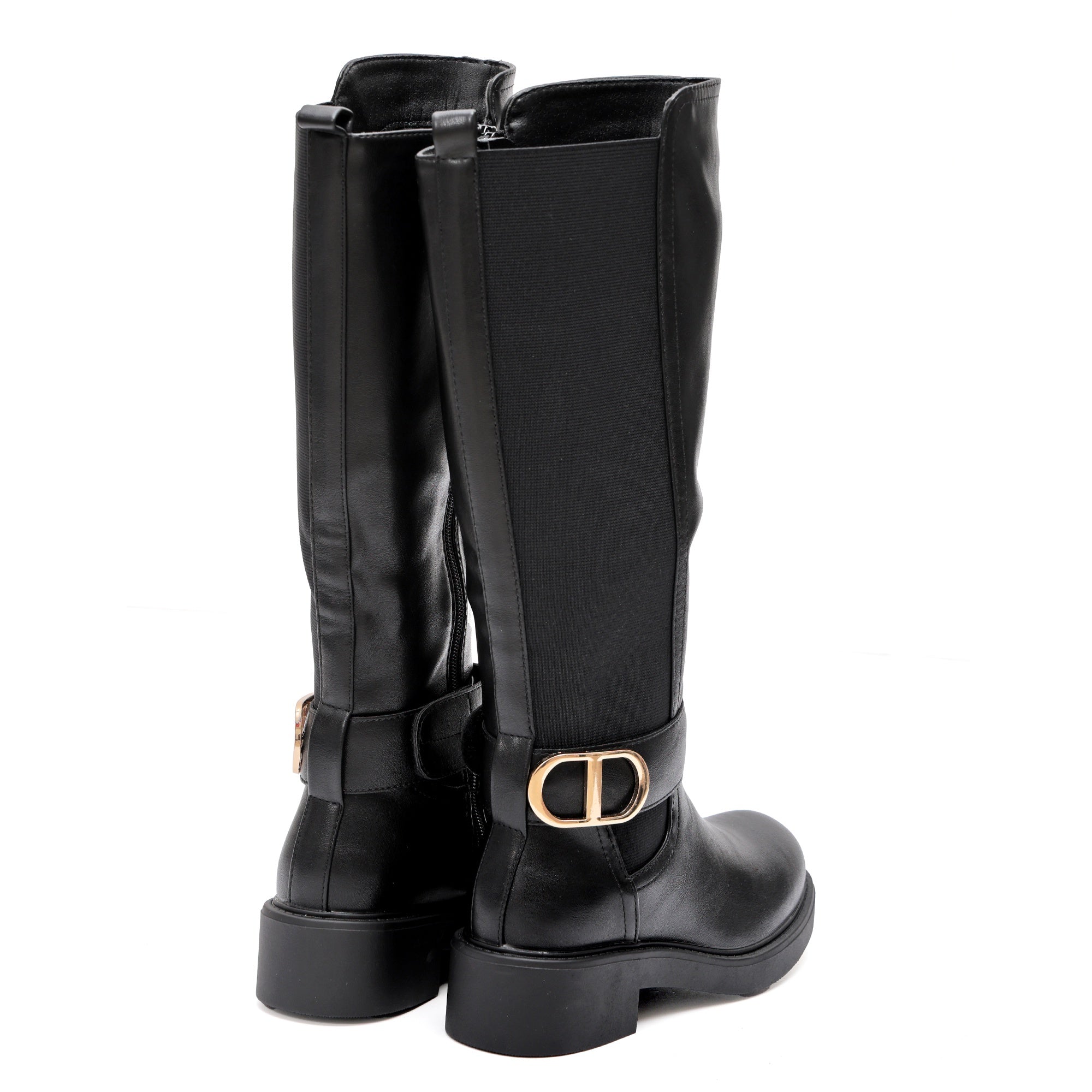 Stivale in simil pelle con fascia elastica e cinturino dorato Nero