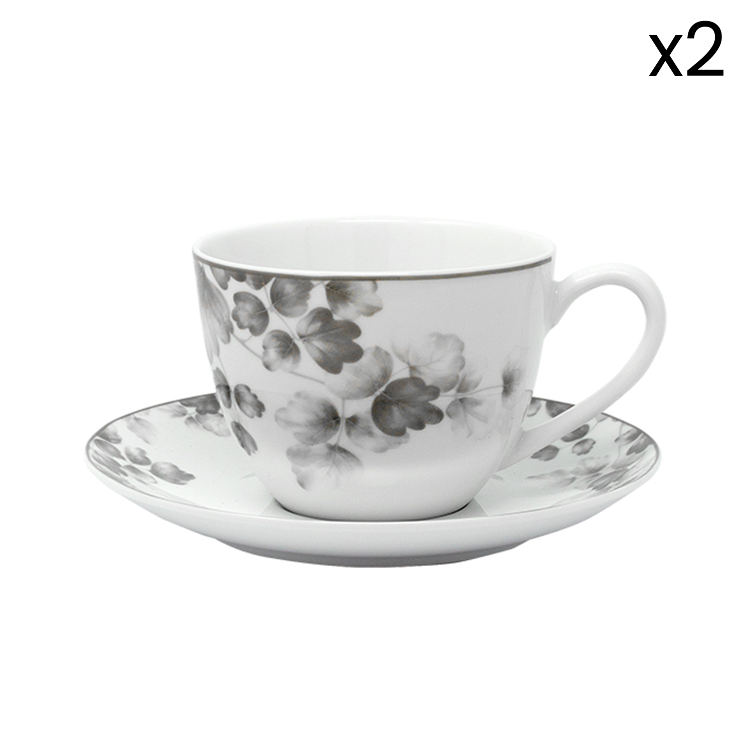 Tazza da colazione con piatto in porcel.set 2 pezzi Foliage grigio 88466