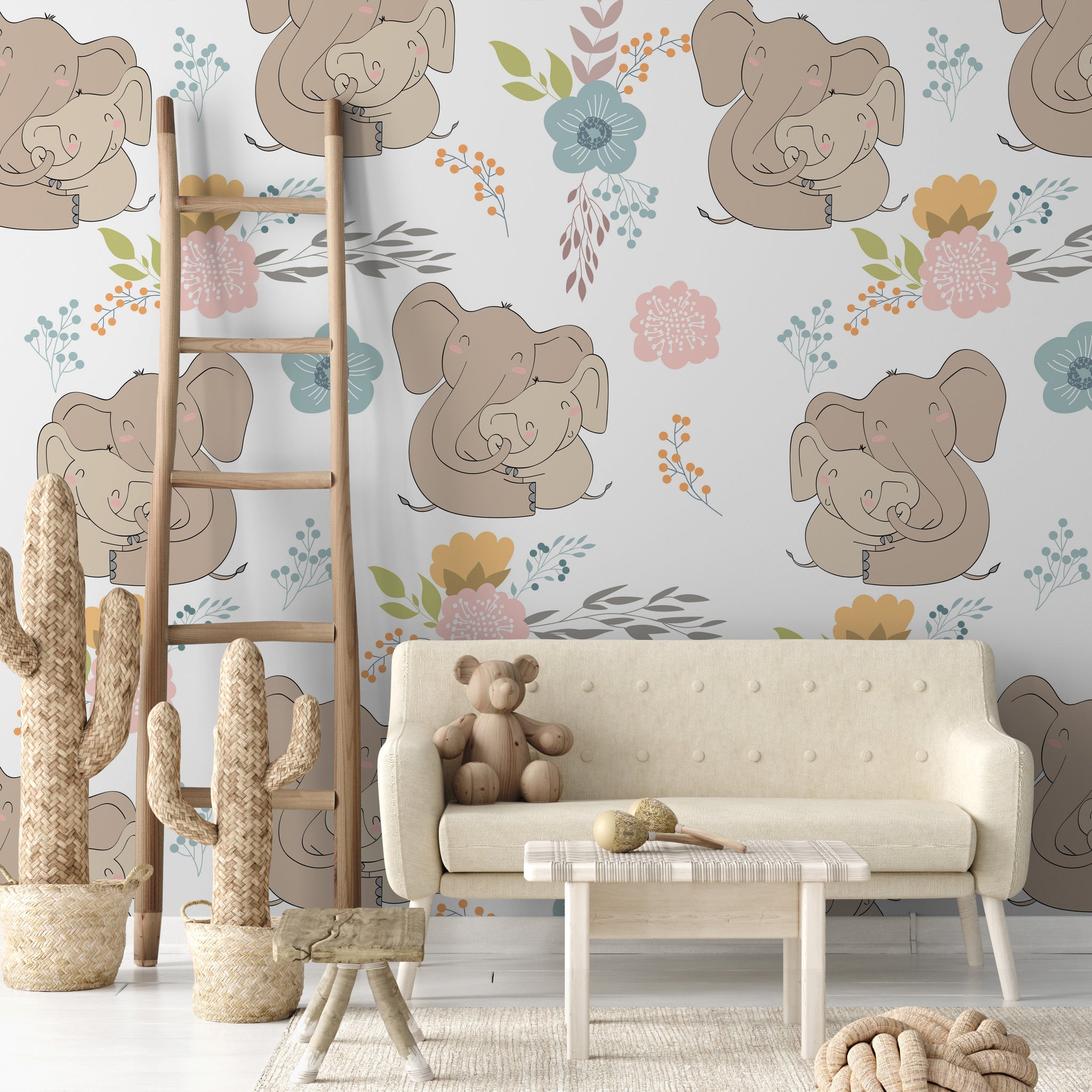 Carta da Parati Elefantini e Fiori per Bambini - 2 rotoli di carta 90 cm x 260 cm - 4.68 mq