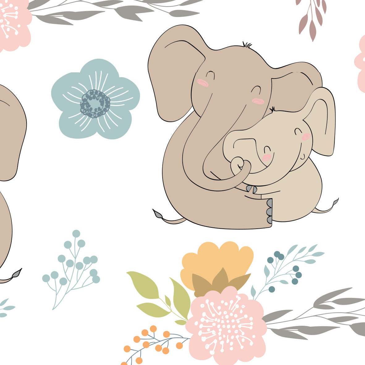 Carta da Parati Elefantini e Fiori per Bambini - 2 rotoli di carta 90 cm x 260 cm - 4.68 mq