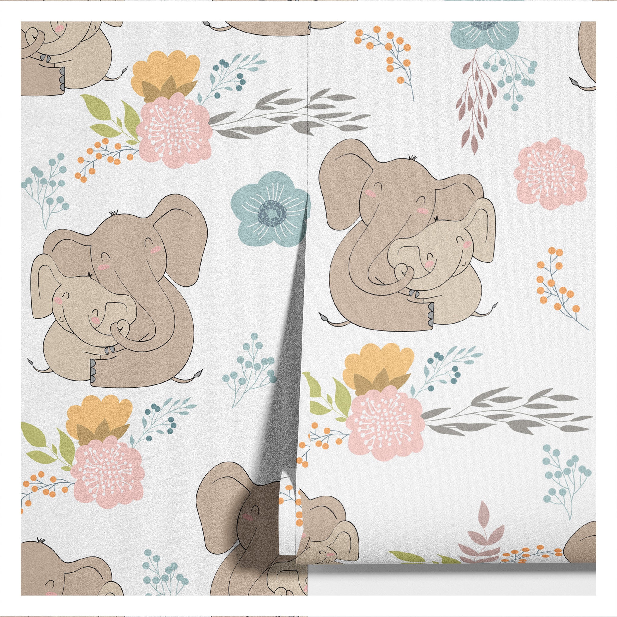 Carta da Parati Elefantini e Fiori per Bambini - 2 rotoli di carta 90 cm x 260 cm - 4.68 mq