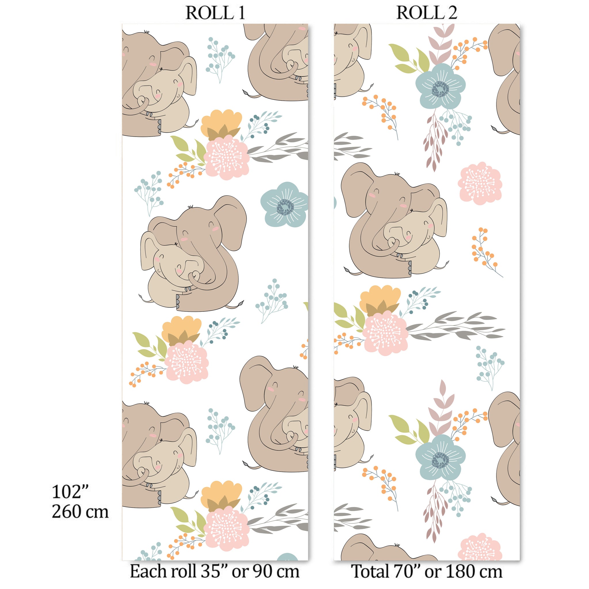 Carta da Parati Elefantini e Fiori per Bambini - 2 rotoli di carta 90 cm x 260 cm - 4.68 mq