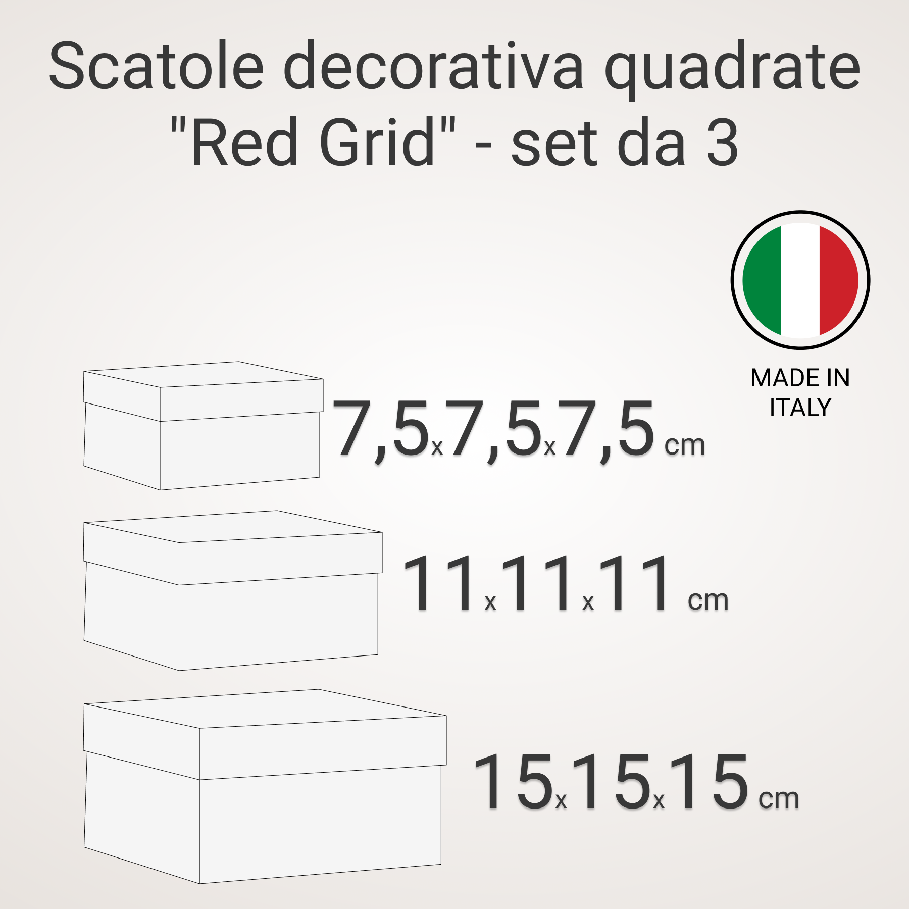 Scatole decorativa quadrate "Red Grid" - set da 3