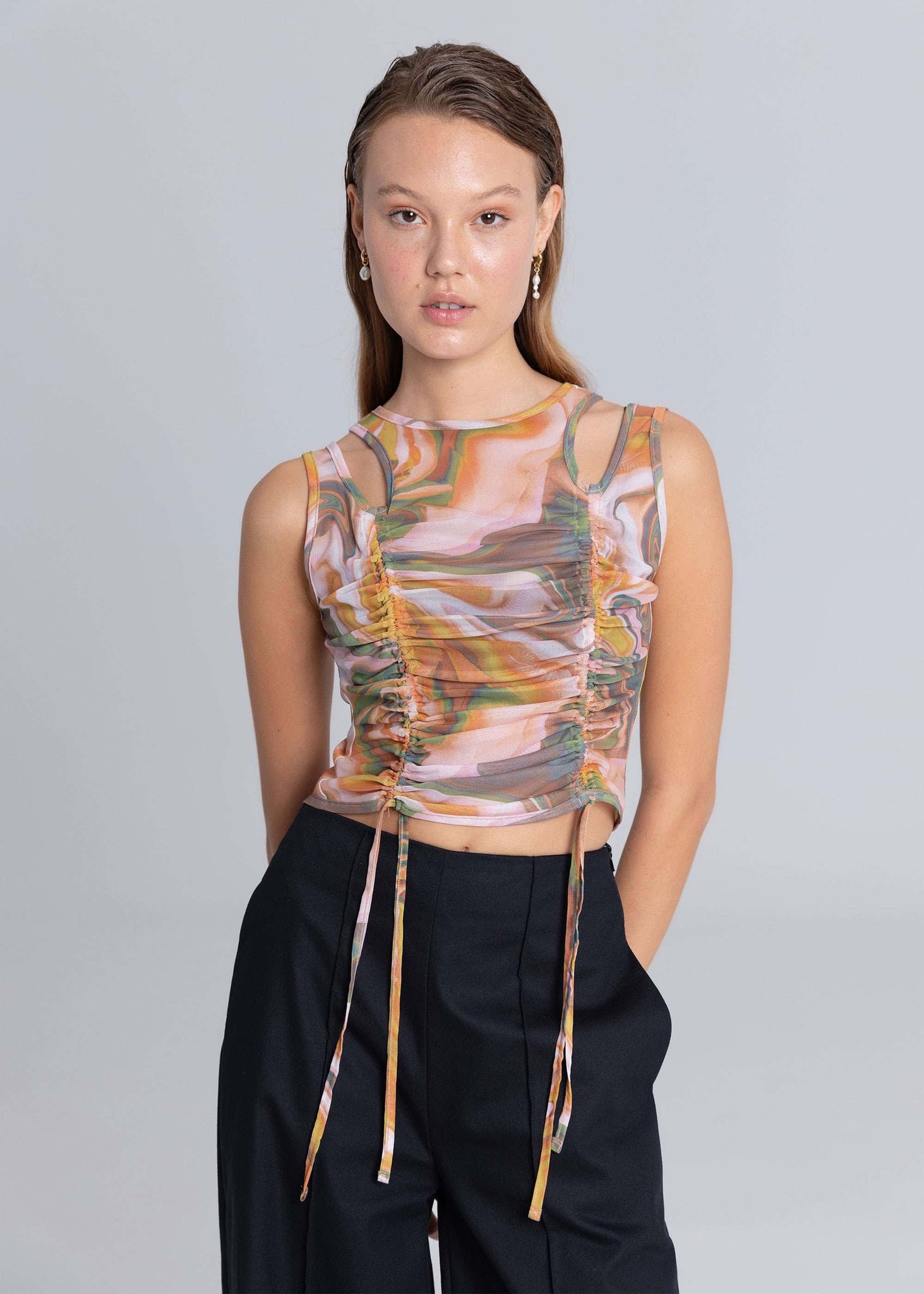 Top con nastro in rete ritagliato - Stampa marmorizzata