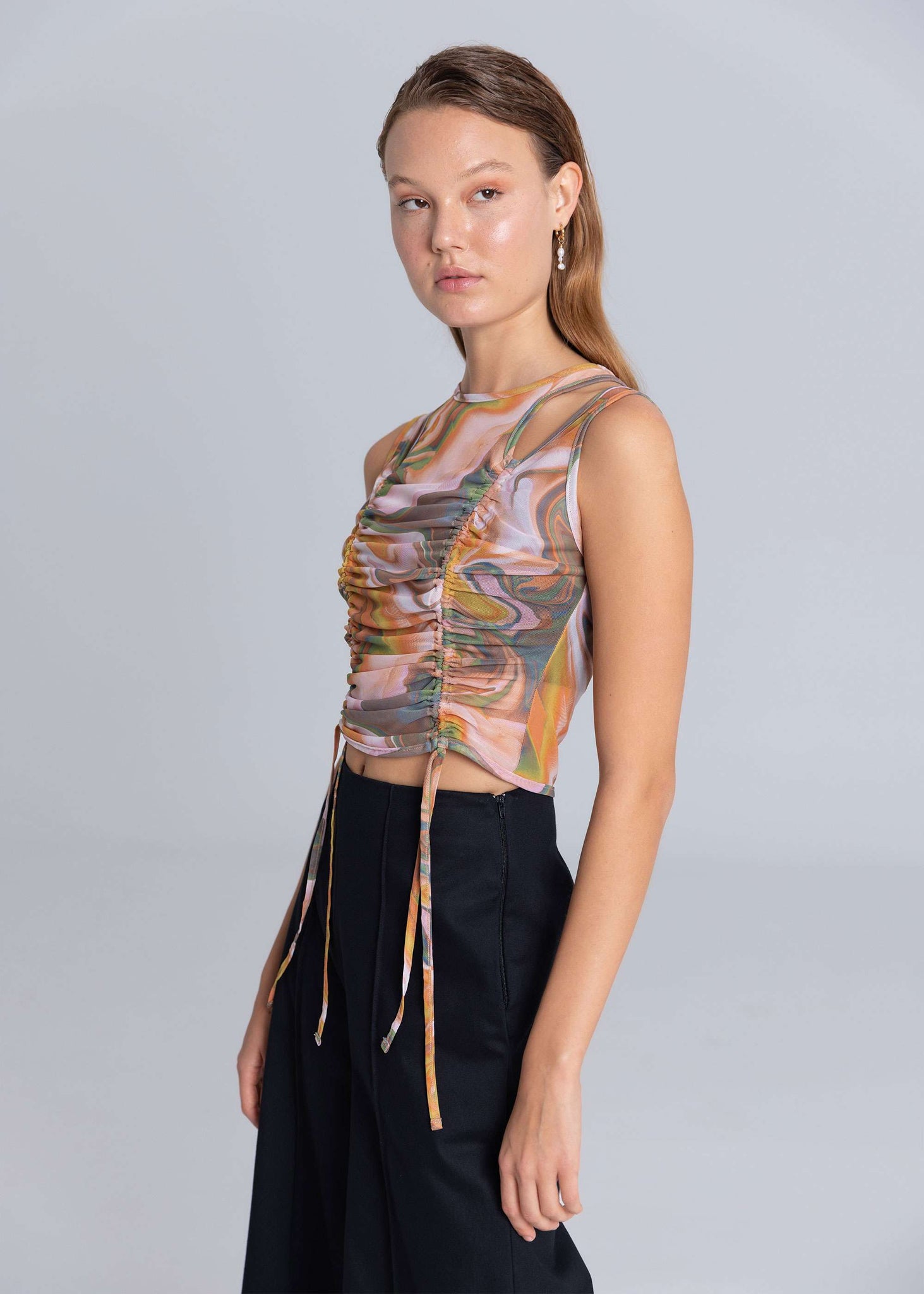 Top con nastro in rete ritagliato - Stampa marmorizzata