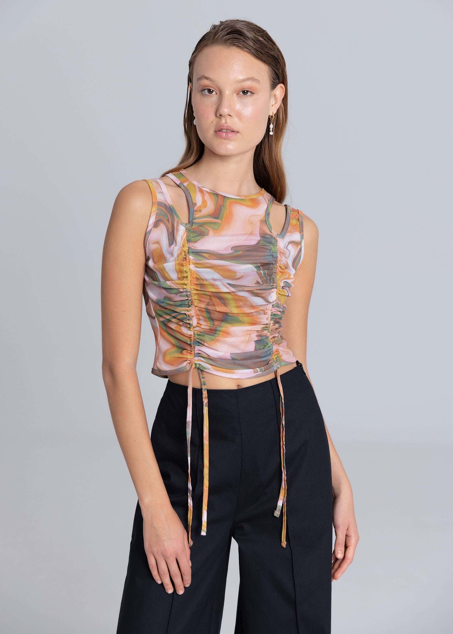 Top con nastro in rete ritagliato - Stampa marmorizzata