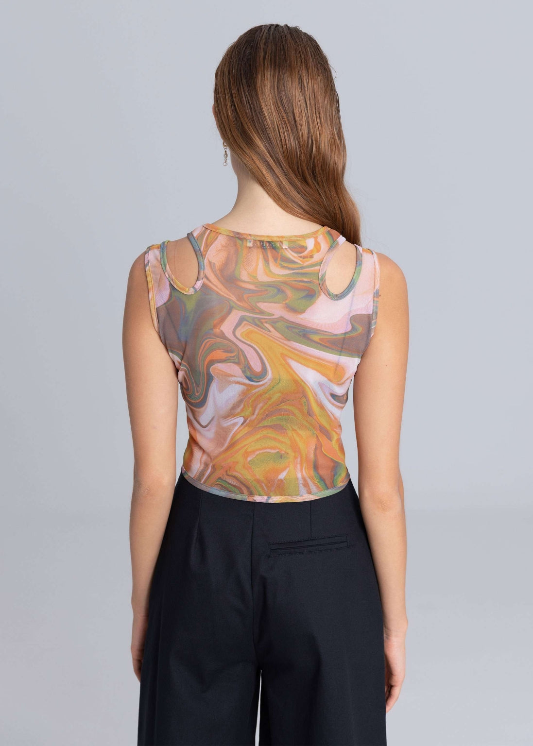 Top con nastro in rete ritagliato - Stampa marmorizzata