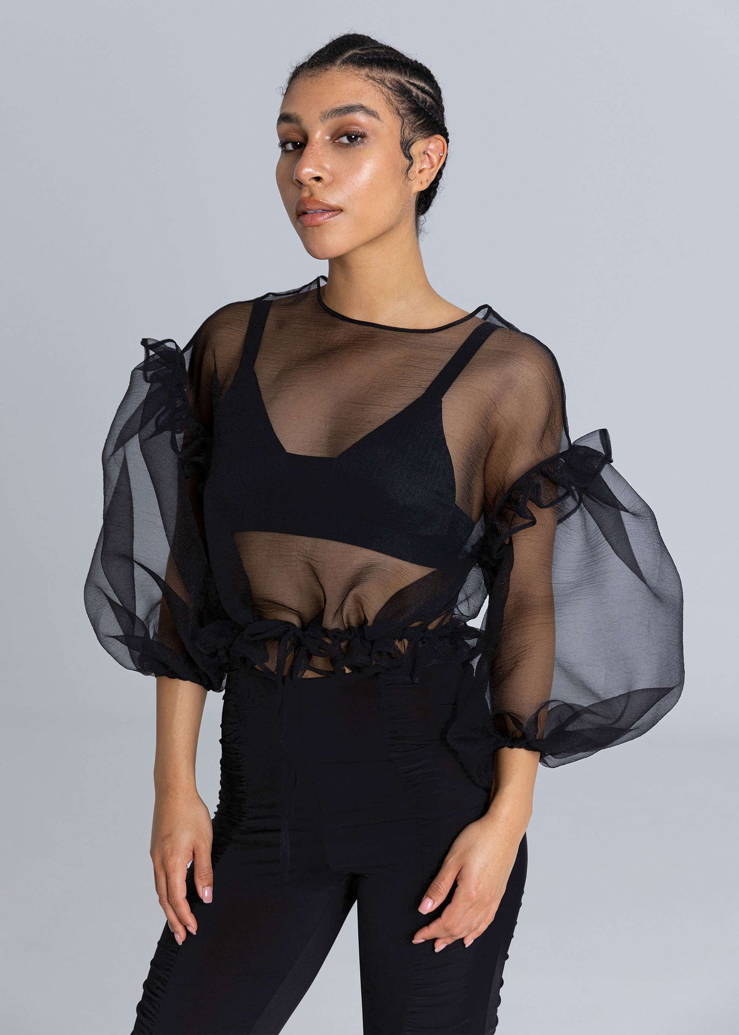Top in organza voluminoso - Nero