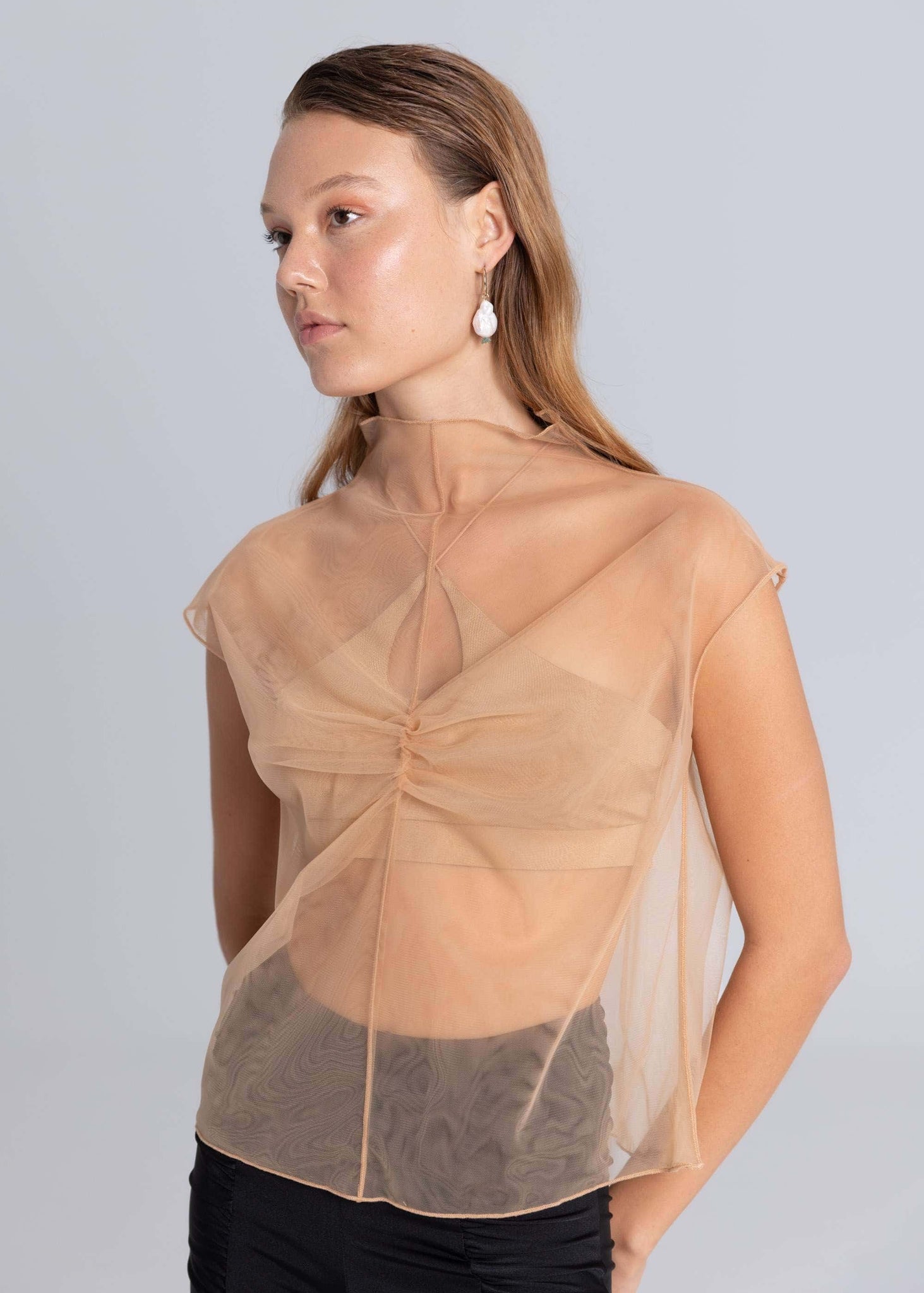 Top in tulle senza maniche - Beige