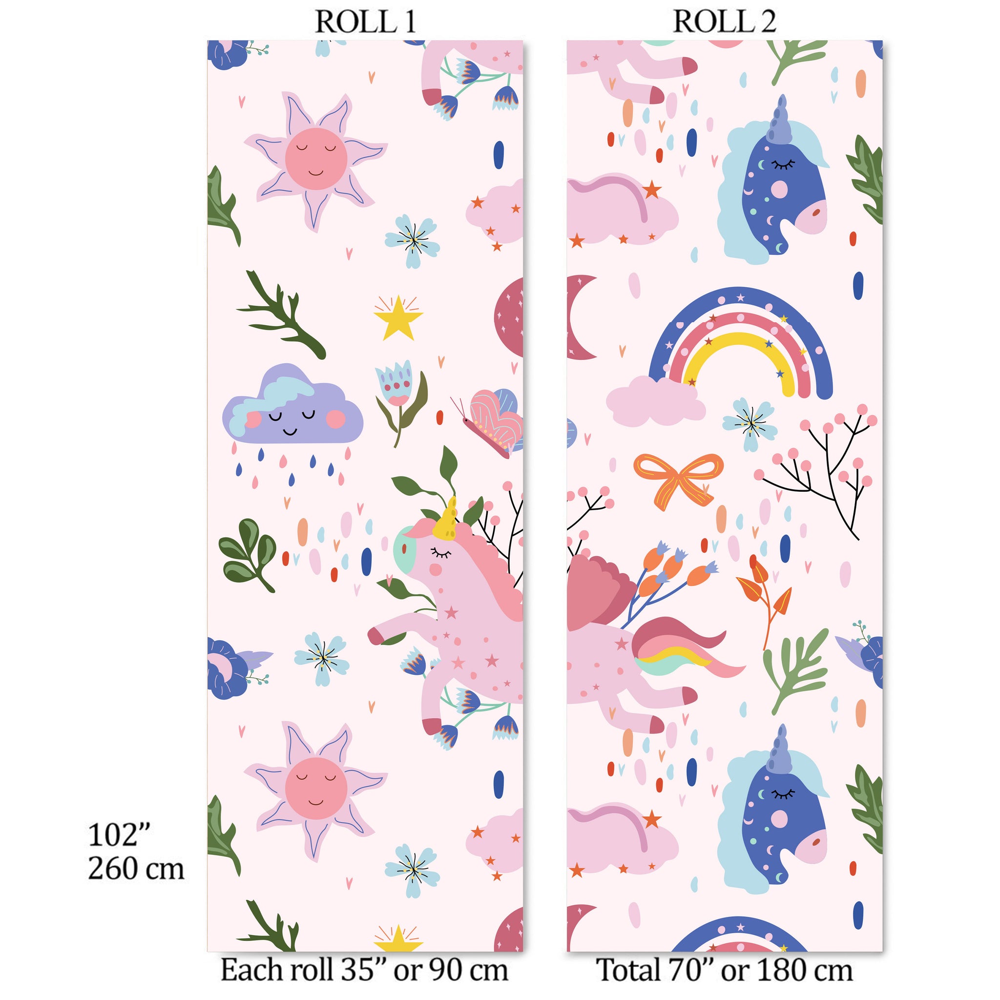 Carta da Parati Unicorni e Arcobaleni per Bambini - 2 rotoli di carta 90 cm x 260 cm - 4.68 mq