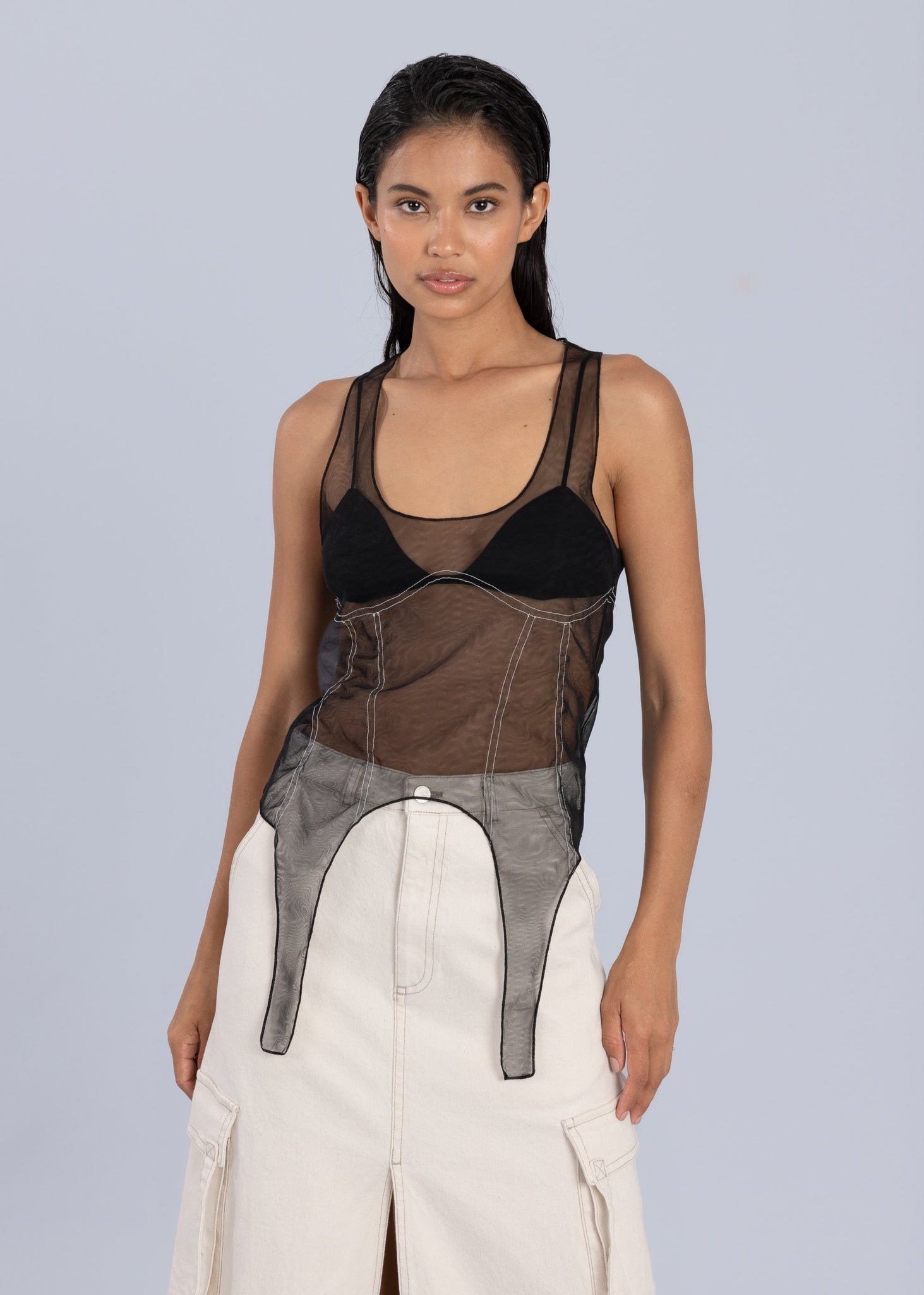 Top corsetto senza maniche in tulle - Nero