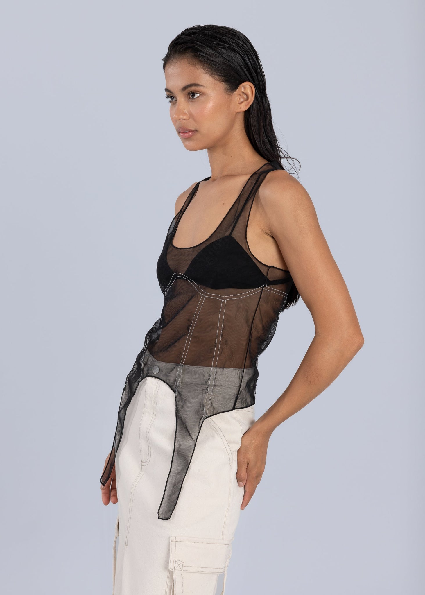 Top corsetto senza maniche in tulle - Nero