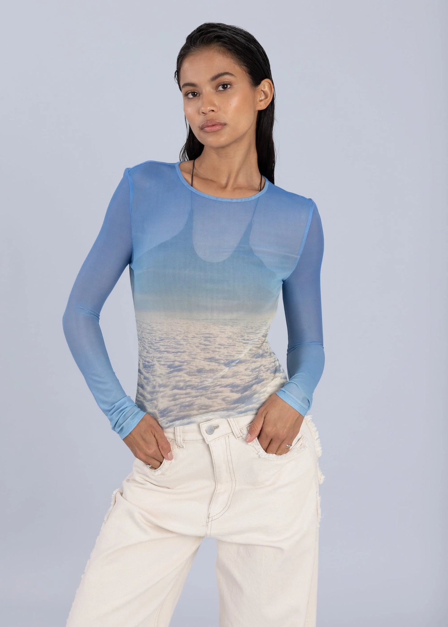 Maglia a maniche lunghe in rete stampata - Stampa nuvola