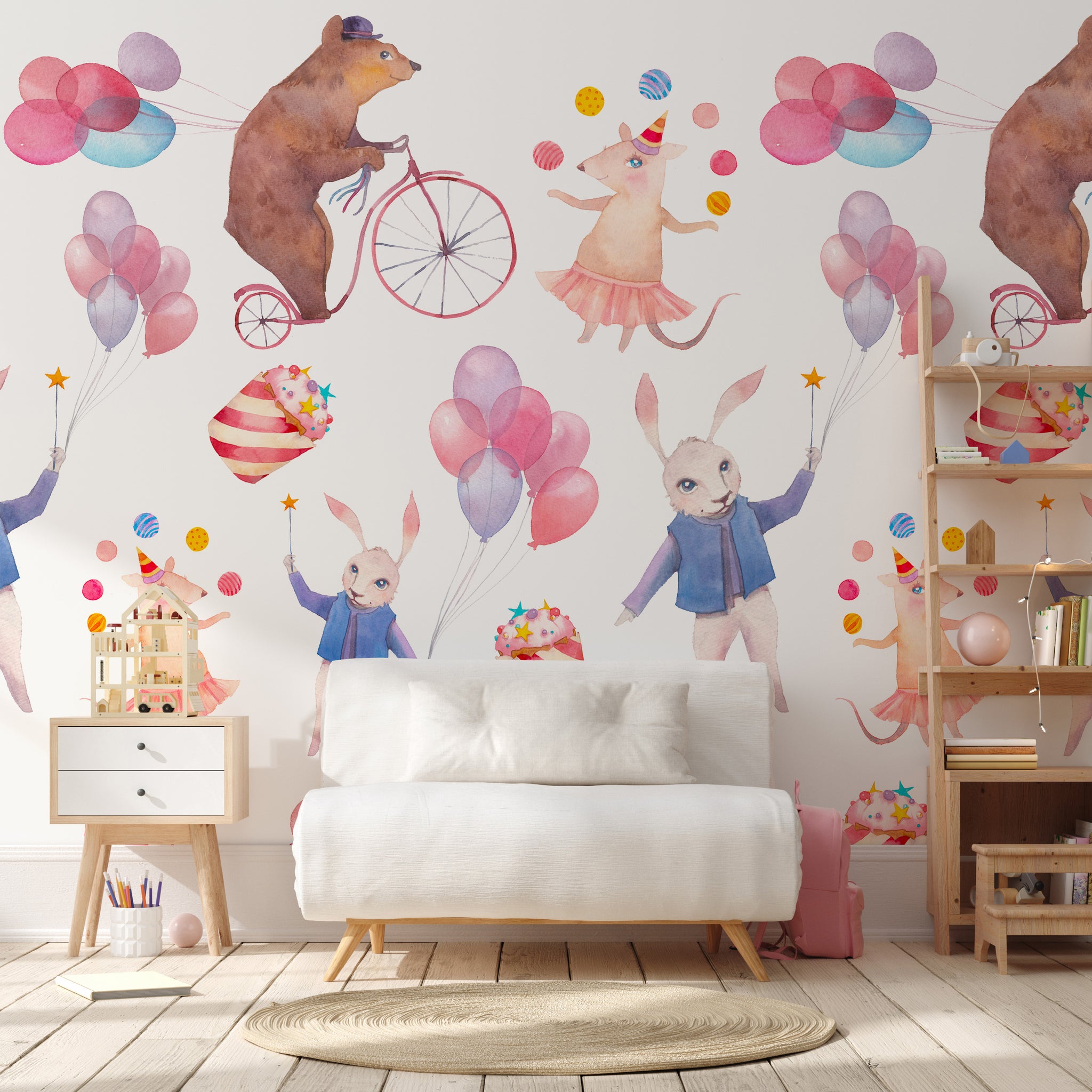 Carta da Parati Festa degli Animali per Bambini - 2 rotoli di carta 90 cm x 260 cm - 4.68 mq