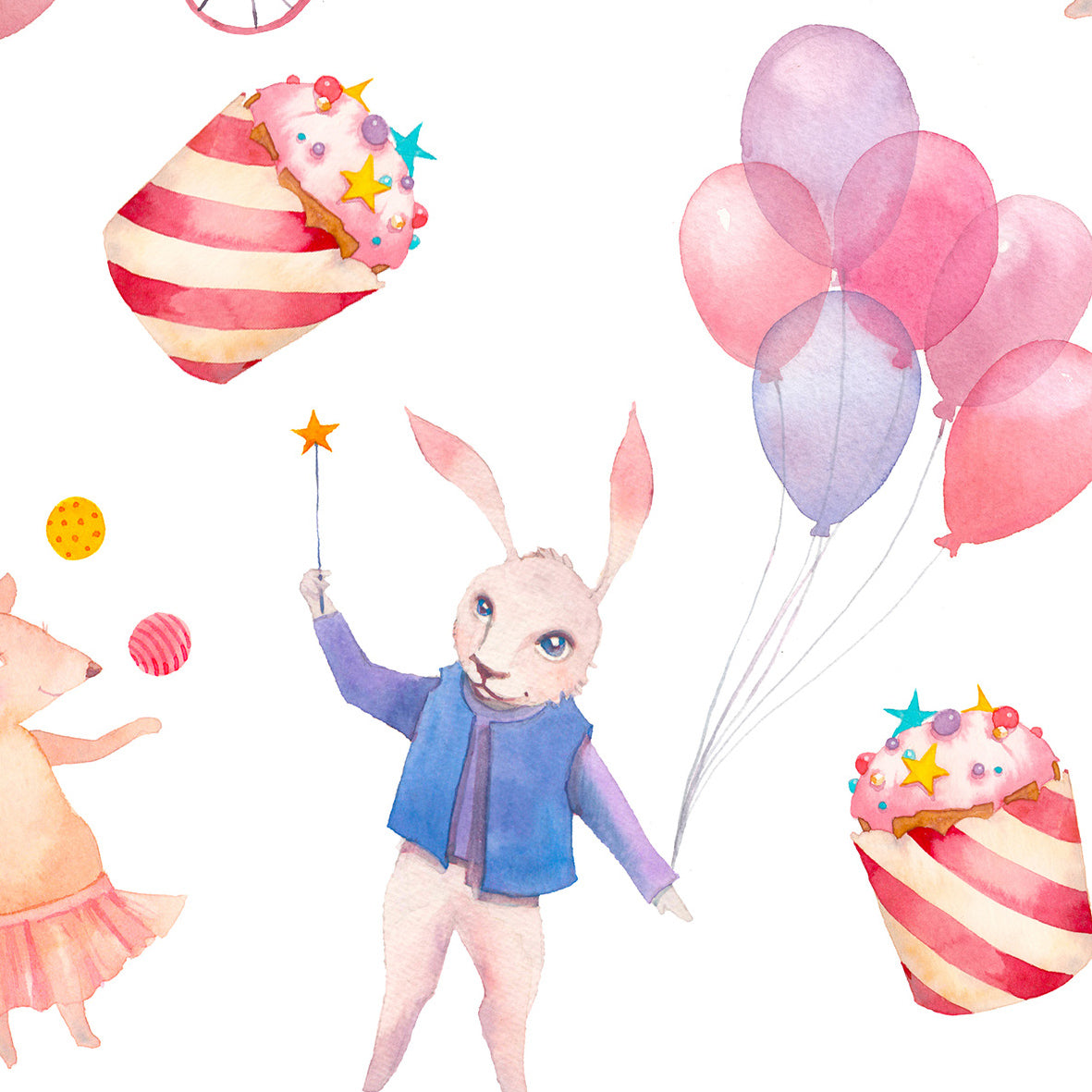 Carta da Parati Festa degli Animali per Bambini - 2 rotoli di carta 90 cm x 260 cm - 4.68 mq