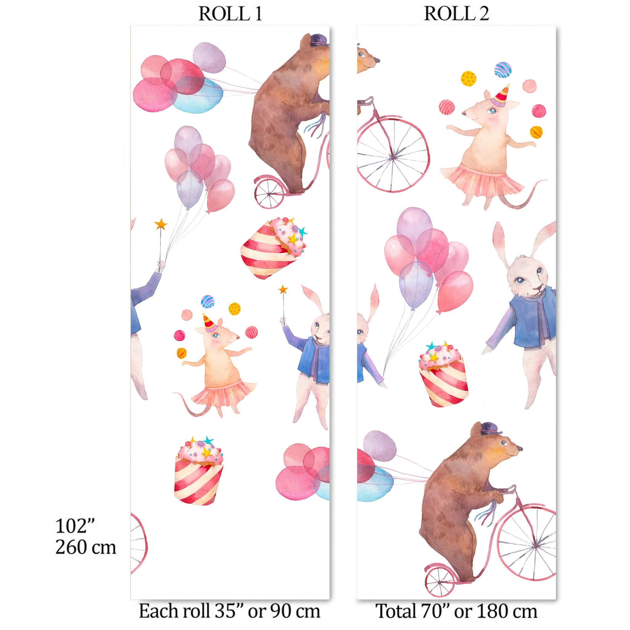 Carta da Parati Festa degli Animali per Bambini - 2 rotoli di carta 90 cm x 260 cm - 4.68 mq