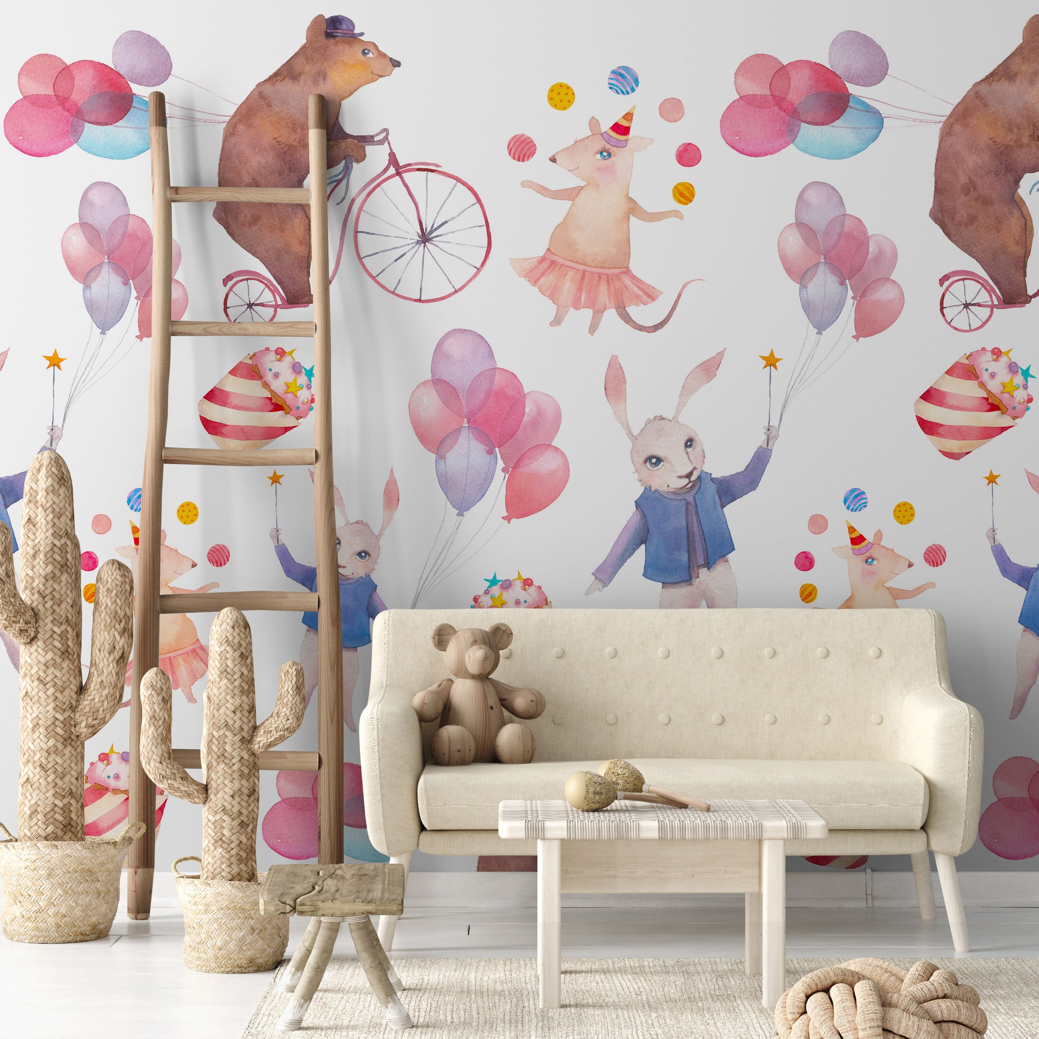 Carta da Parati Festa degli Animali per Bambini - 2 rotoli di carta 90 cm x 260 cm - 4.68 mq