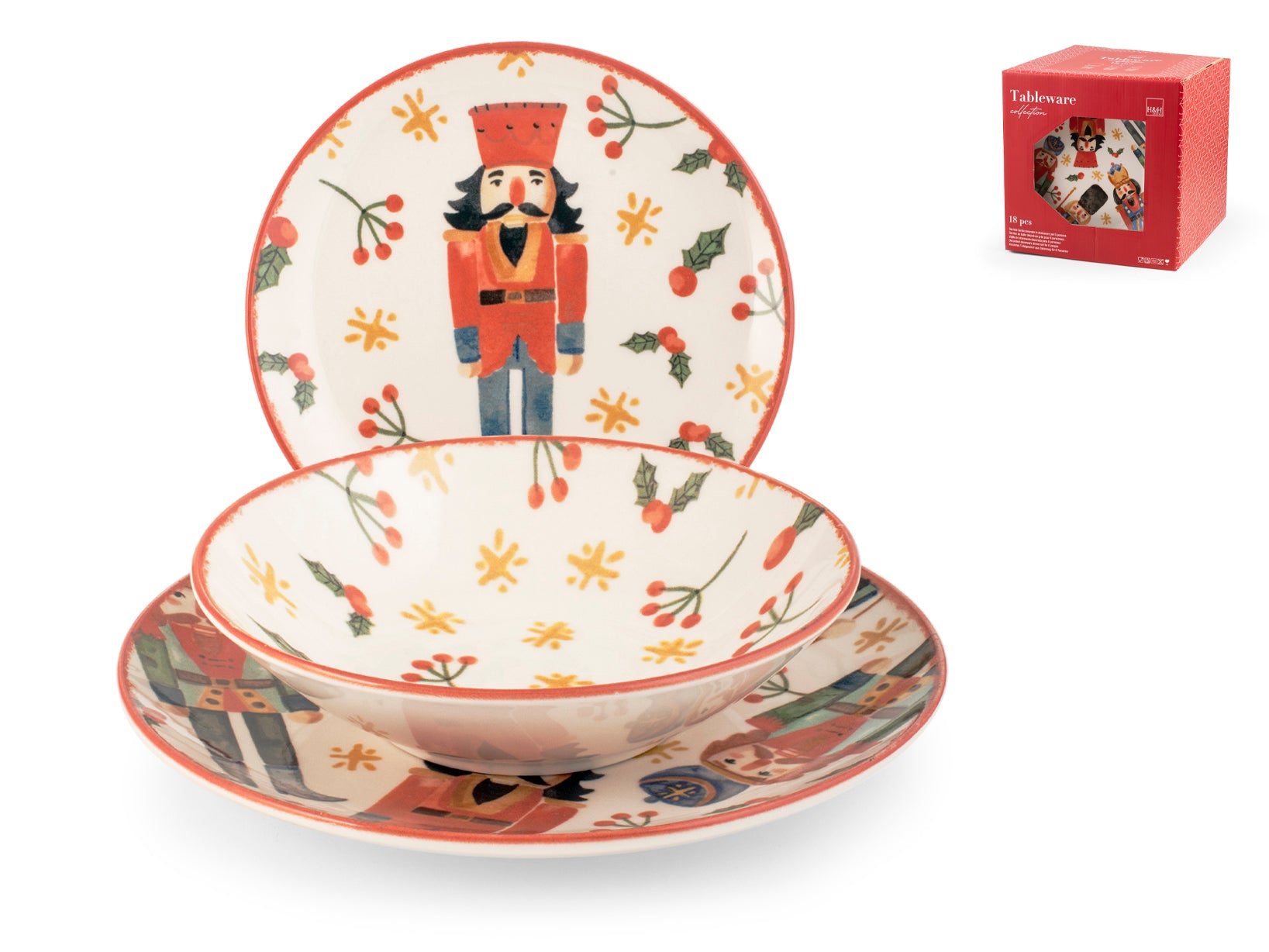 Servizio 18 pezzi tavola Kingdom in stoneware decorato. Composto da 6 piatti piani cm 26, 6 piatti fondi cm 20,5, 6 piatti frutta cm 19,5. Idoneo al lavaggio in lavastoviglie e all'uso in forno a microonde.