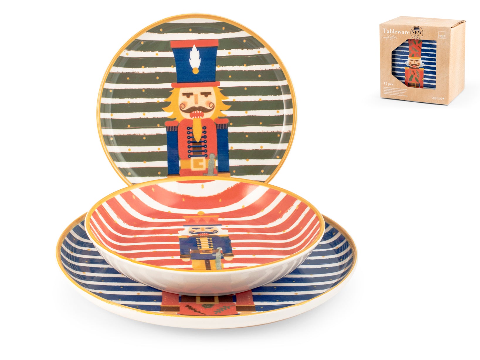 Servizio 12 pezzi tavola Wlliam in stoneware decorato. Composto da 6 piatti piani cm 26,5, 6 piatti fondi cm 20,5, 6 piatti frutta cm 20. Idonei al lavaggio in lavastoviglie e all'uso un forno a microonde