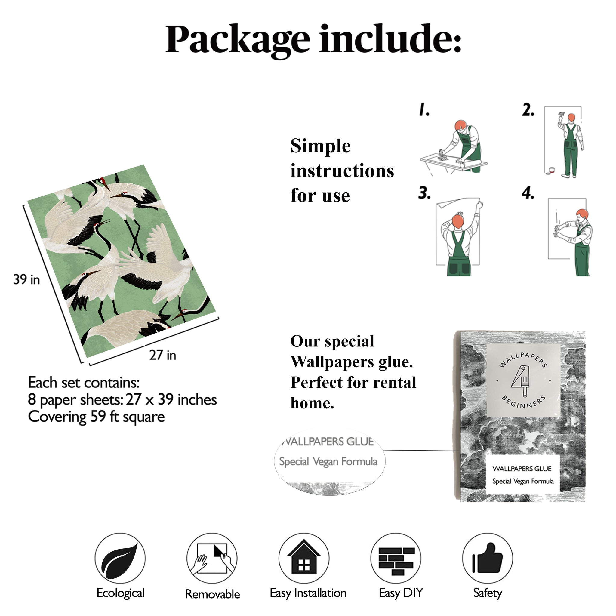 Carta da Parati Aironi Verdi - 8 fogli - 5,60 mq