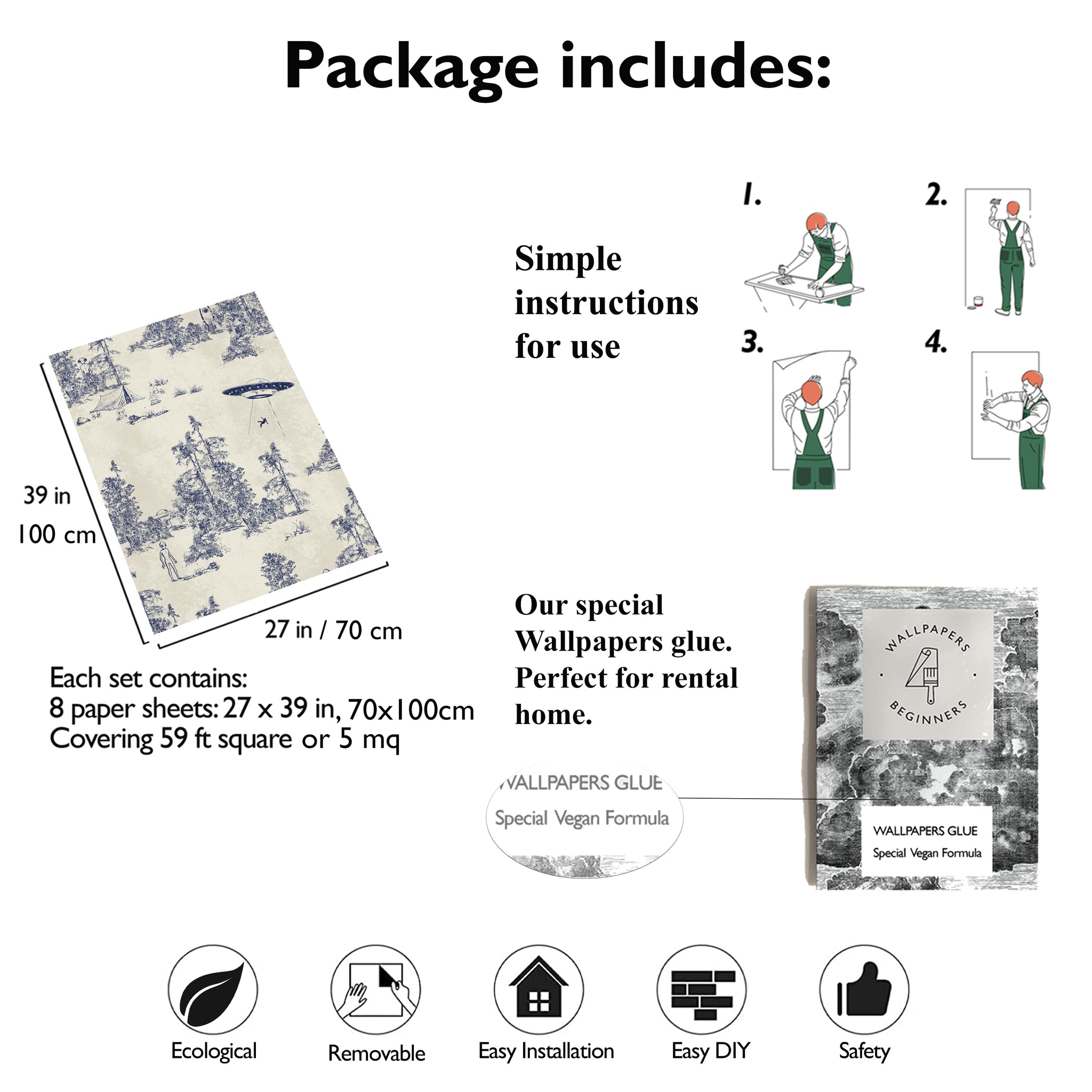 Carta da Parati Toile de Jouy Ufo - 8 fogli - 5,60 mq