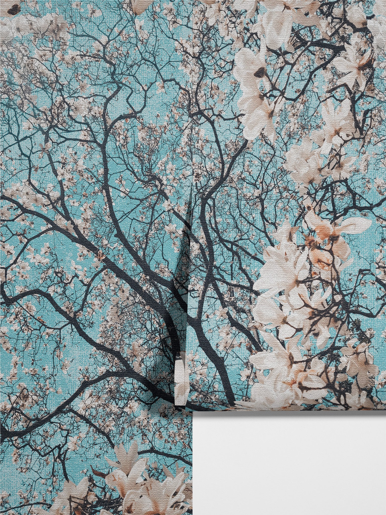 Carta da Parati con Alberi in Fiore su Sfondo Turchese - Design Naturale e Artistico - 2 rotoli di carta 90 cm x 260 cm - 4.68 mq