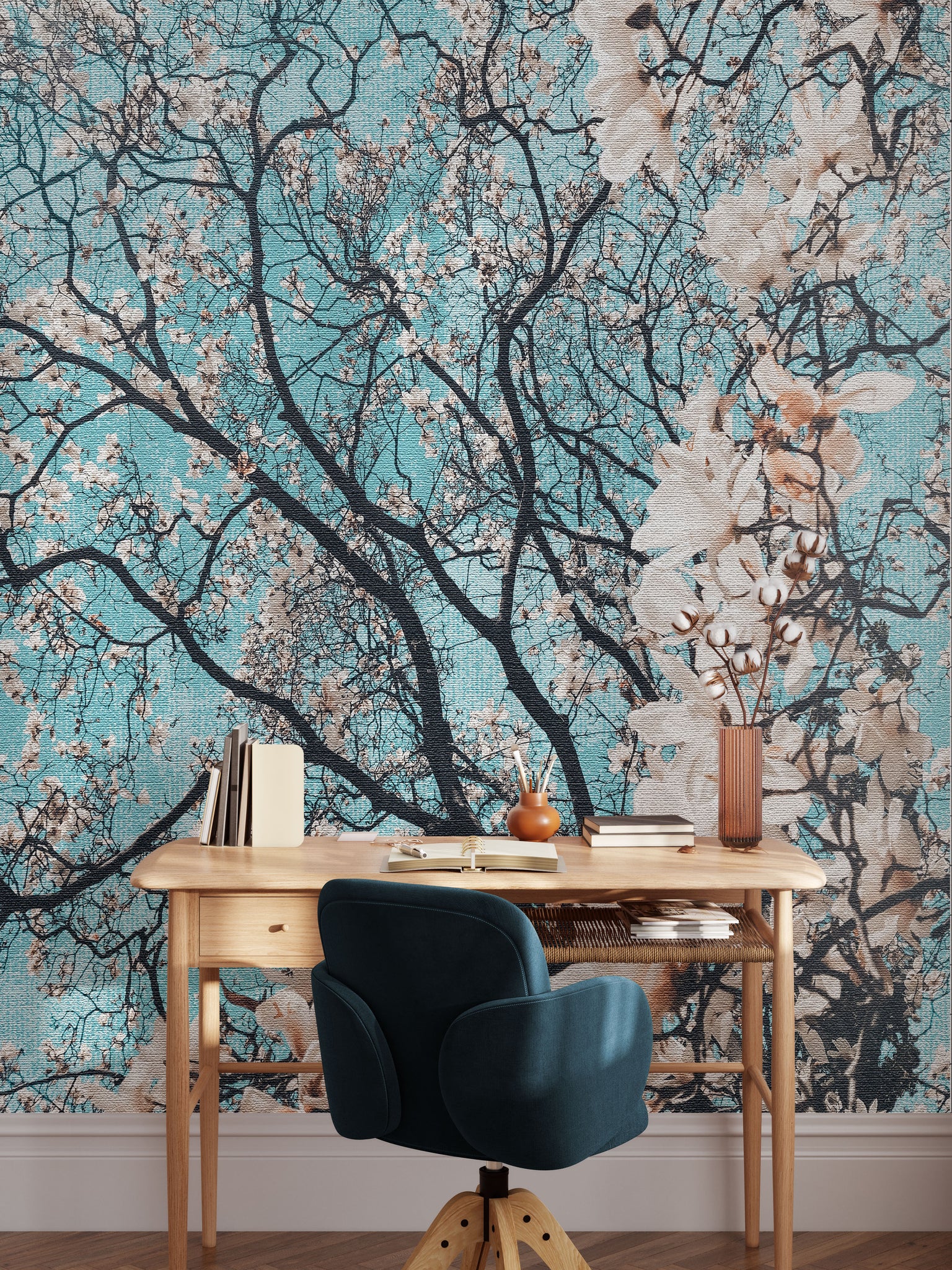 Carta da Parati con Alberi in Fiore su Sfondo Turchese - Design Naturale e Artistico - 2 rotoli di carta 90 cm x 260 cm - 4.68 mq