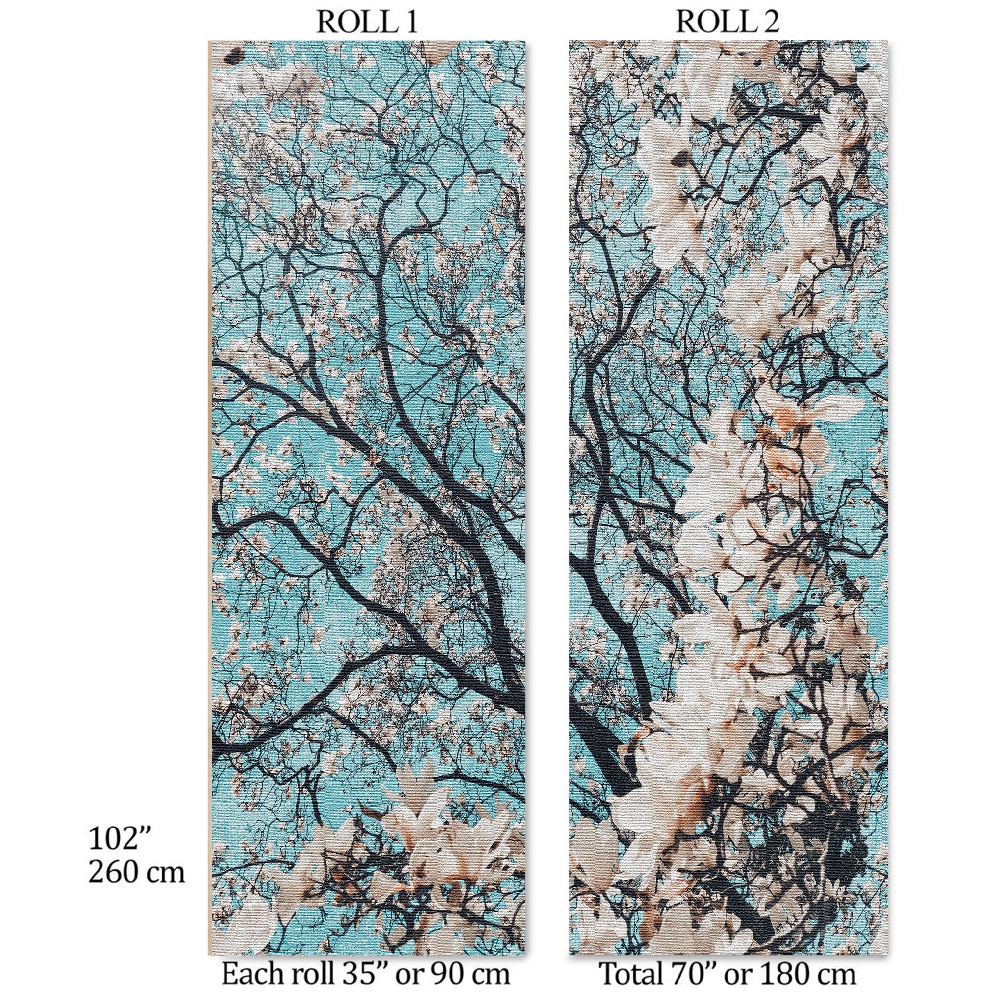 Carta da Parati con Alberi in Fiore su Sfondo Turchese - Design Naturale e Artistico - 2 rotoli di carta 90 cm x 260 cm - 4.68 mq