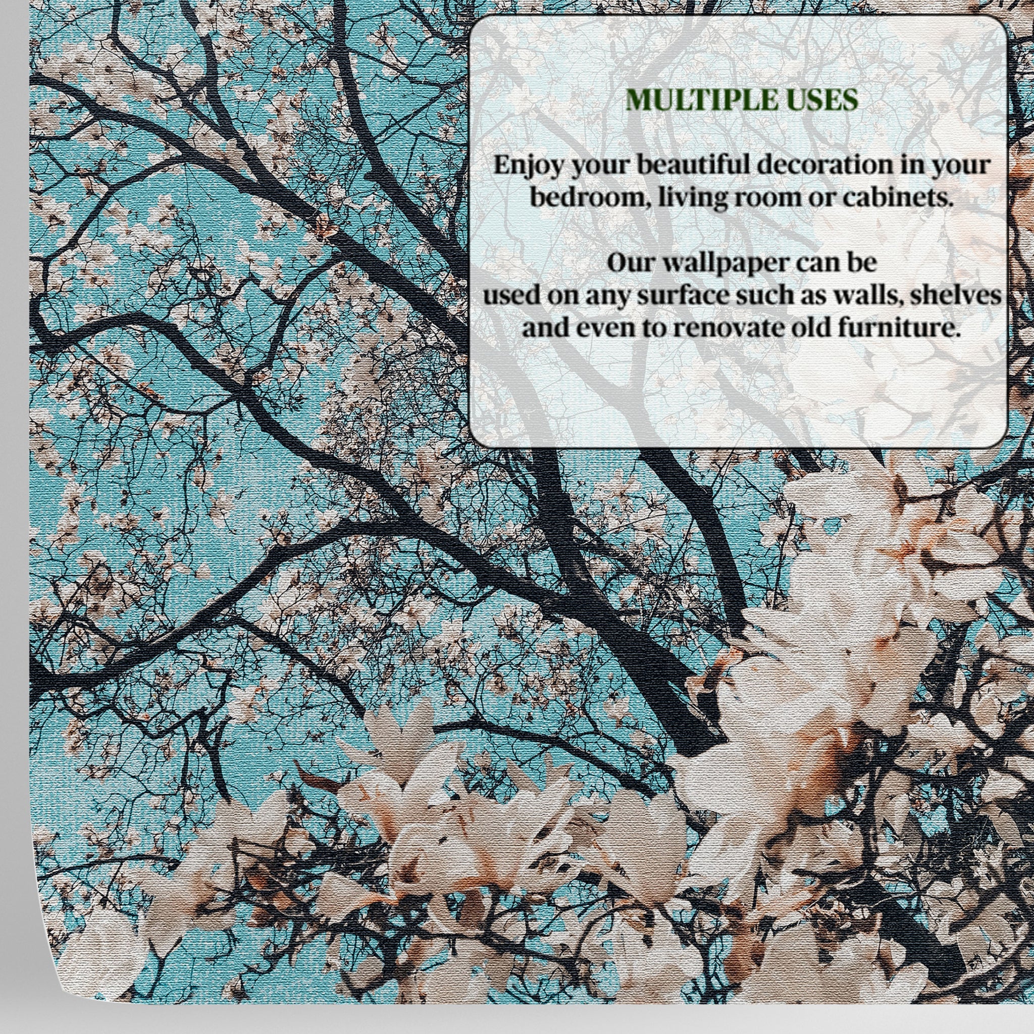 Carta da Parati con Alberi in Fiore su Sfondo Turchese - Design Naturale e Artistico - 2 rotoli di carta 90 cm x 260 cm - 4.68 mq