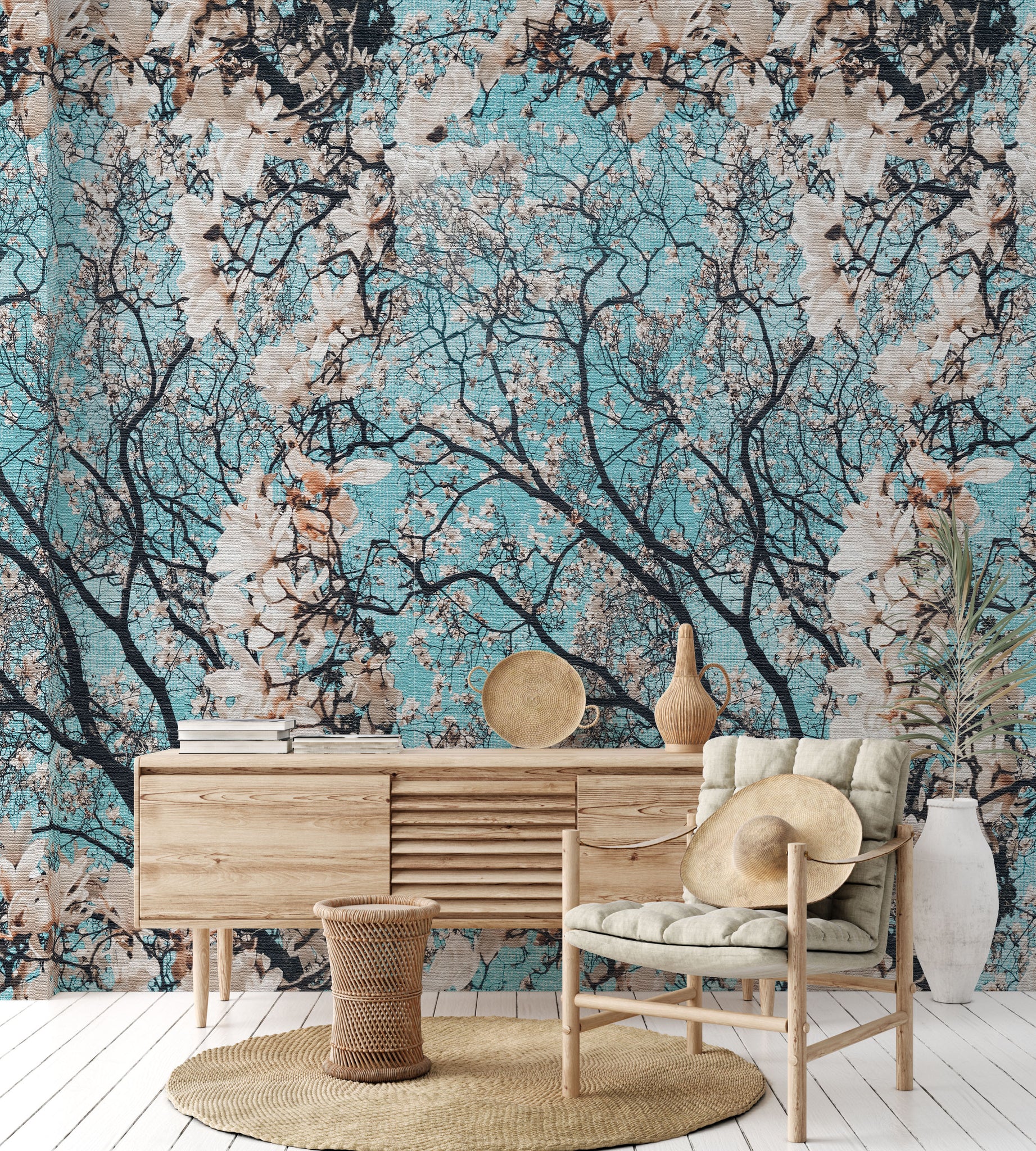 Carta da Parati con Alberi in Fiore su Sfondo Turchese - Design Naturale e Artistico - 2 rotoli di carta 90 cm x 260 cm - 4.68 mq