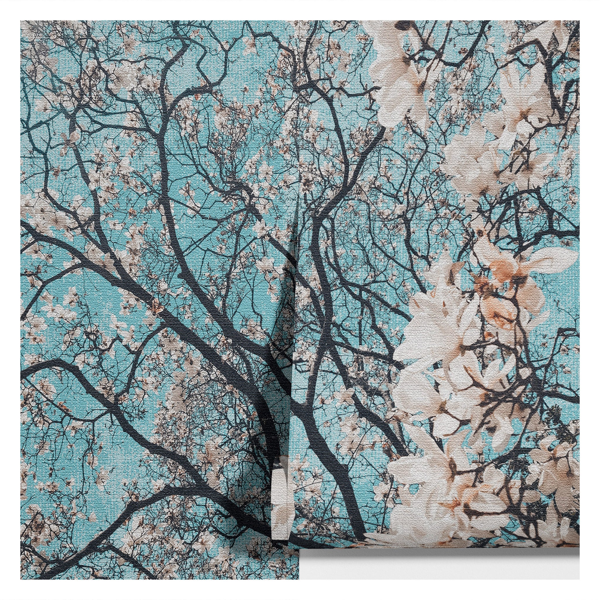 Carta da Parati con Alberi in Fiore su Sfondo Turchese - Design Naturale e Artistico - 2 rotoli di carta 90 cm x 260 cm - 4.68 mq