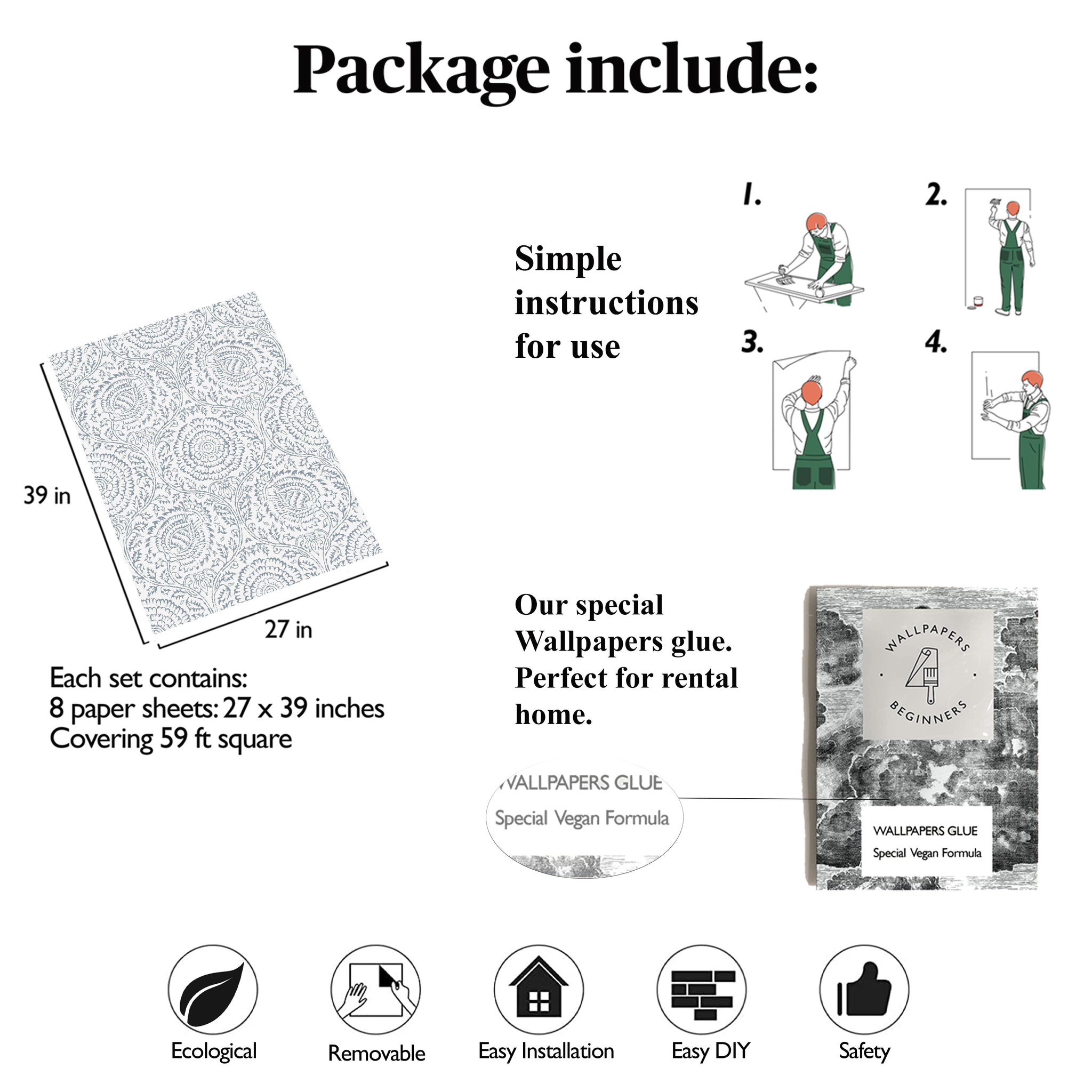 Carta da Parati Chic Bianca e Blu Damascata - 8 fogli - 5,60 mq