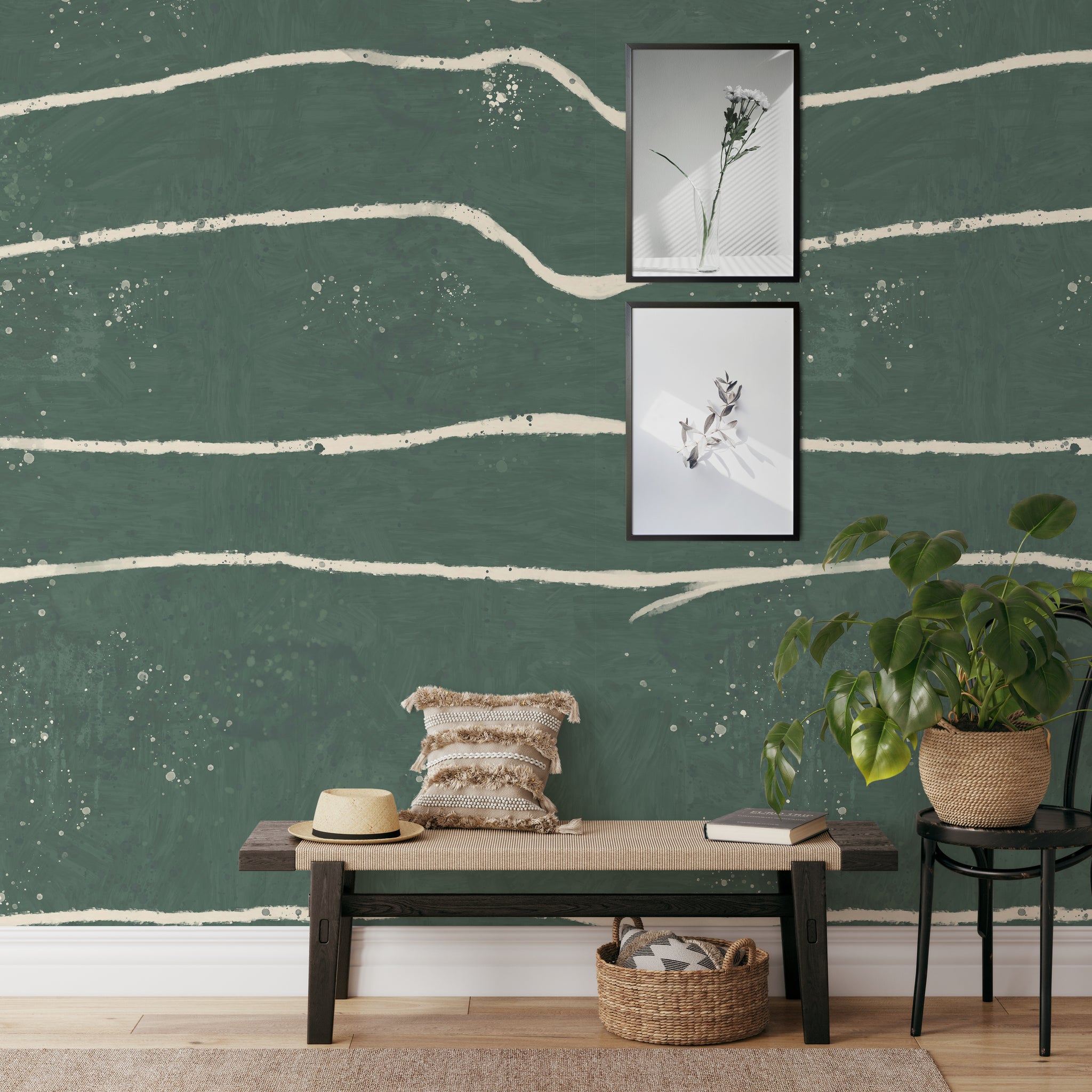 Carta da Parati Verde con Pennellate Astratte - Decorazione Murale Moderna con Effetto Acquerello - 2 rotoli di carta 90 cm x 260 cm - 4.68 mq