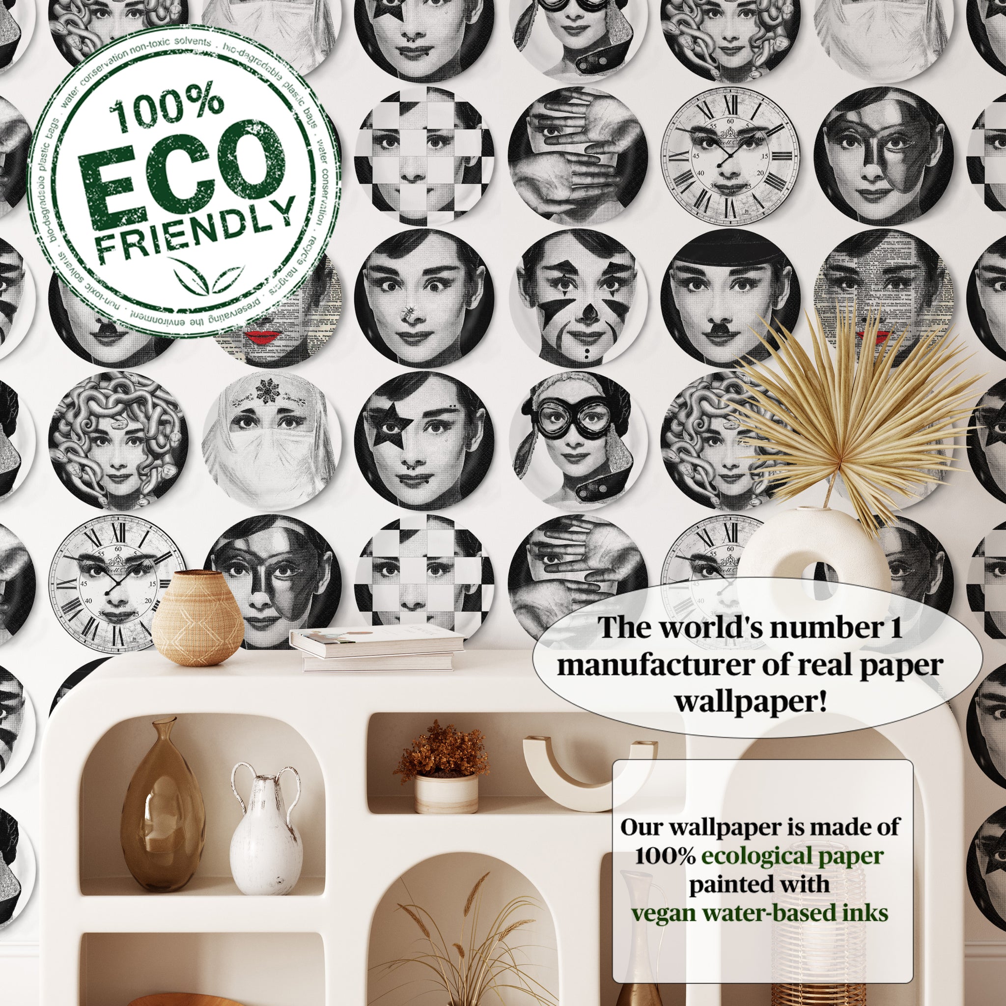 Carta da Parati Piatti Decorativi in Bianco - 8 fogli - 5,60 mq