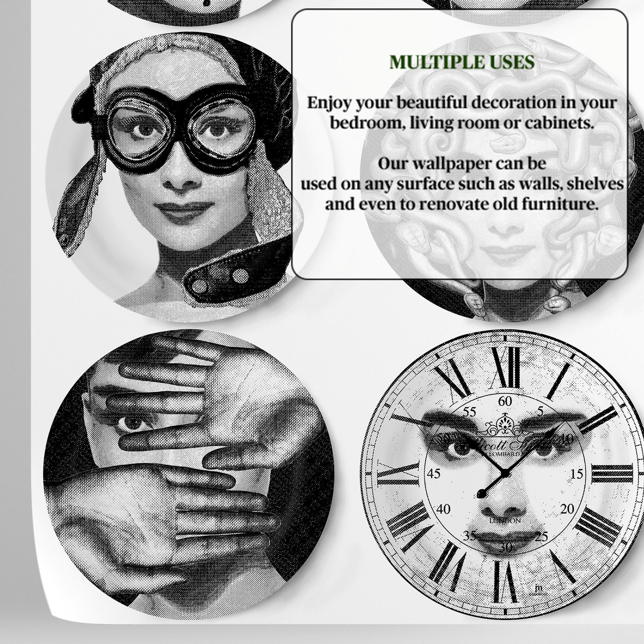 Carta da Parati Piatti Decorativi in Bianco - 8 fogli - 5,60 mq