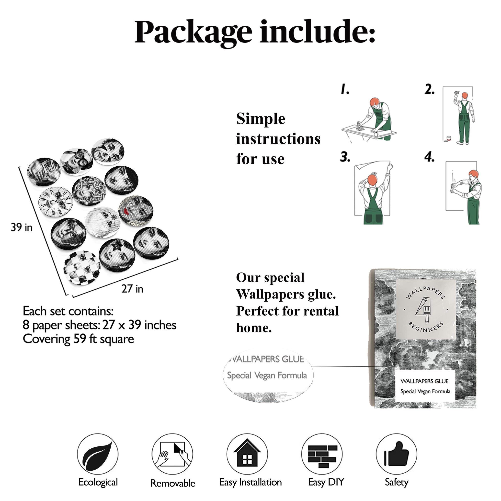 Carta da Parati Piatti Decorativi in Bianco - 8 fogli - 5,60 mq