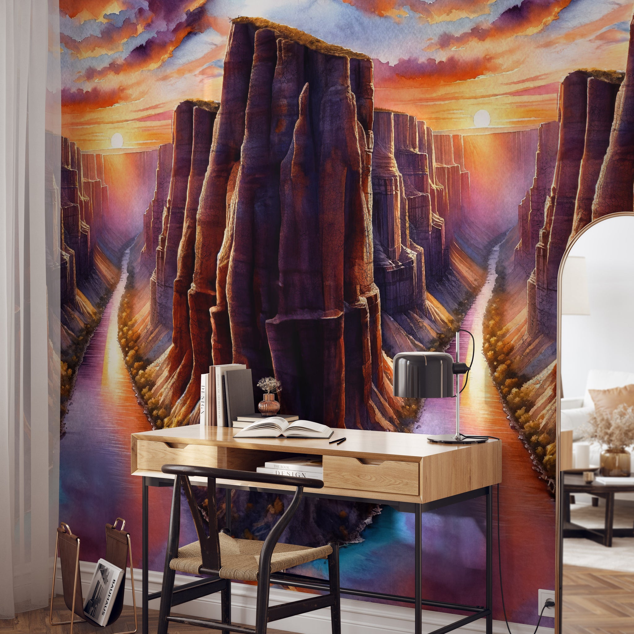 Carta da Parati Acquerello Grand Canyon al Tramonto - Arte Paesaggistica Suggestiva - 2 rotoli di carta 90 cm x 260 cm - 4.68 mq