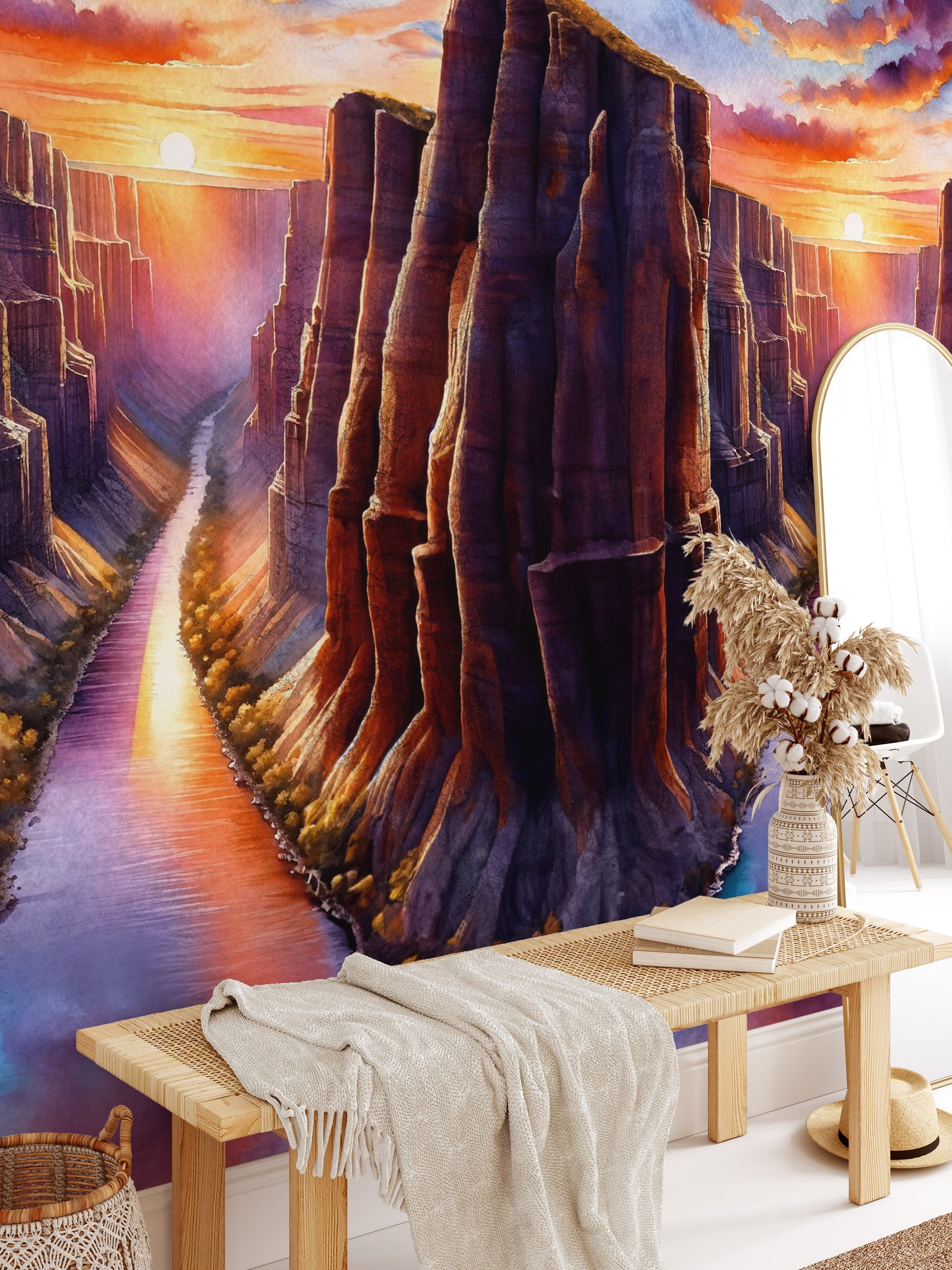 Carta da Parati Acquerello Grand Canyon al Tramonto - Arte Paesaggistica Suggestiva - 2 rotoli di carta 90 cm x 260 cm - 4.68 mq