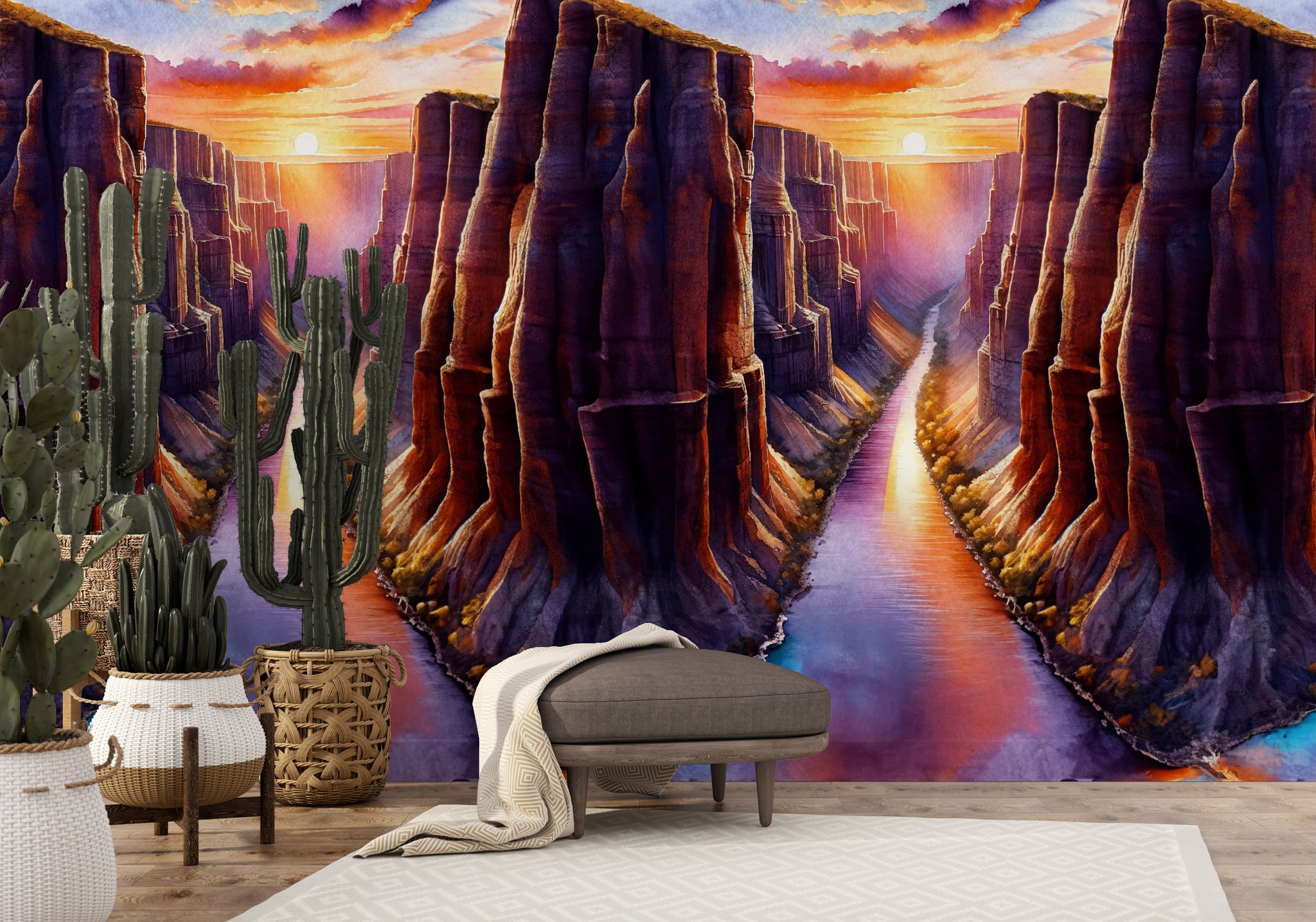 Carta da Parati Acquerello Grand Canyon al Tramonto - Arte Paesaggistica Suggestiva - 2 rotoli di carta 90 cm x 260 cm - 4.68 mq