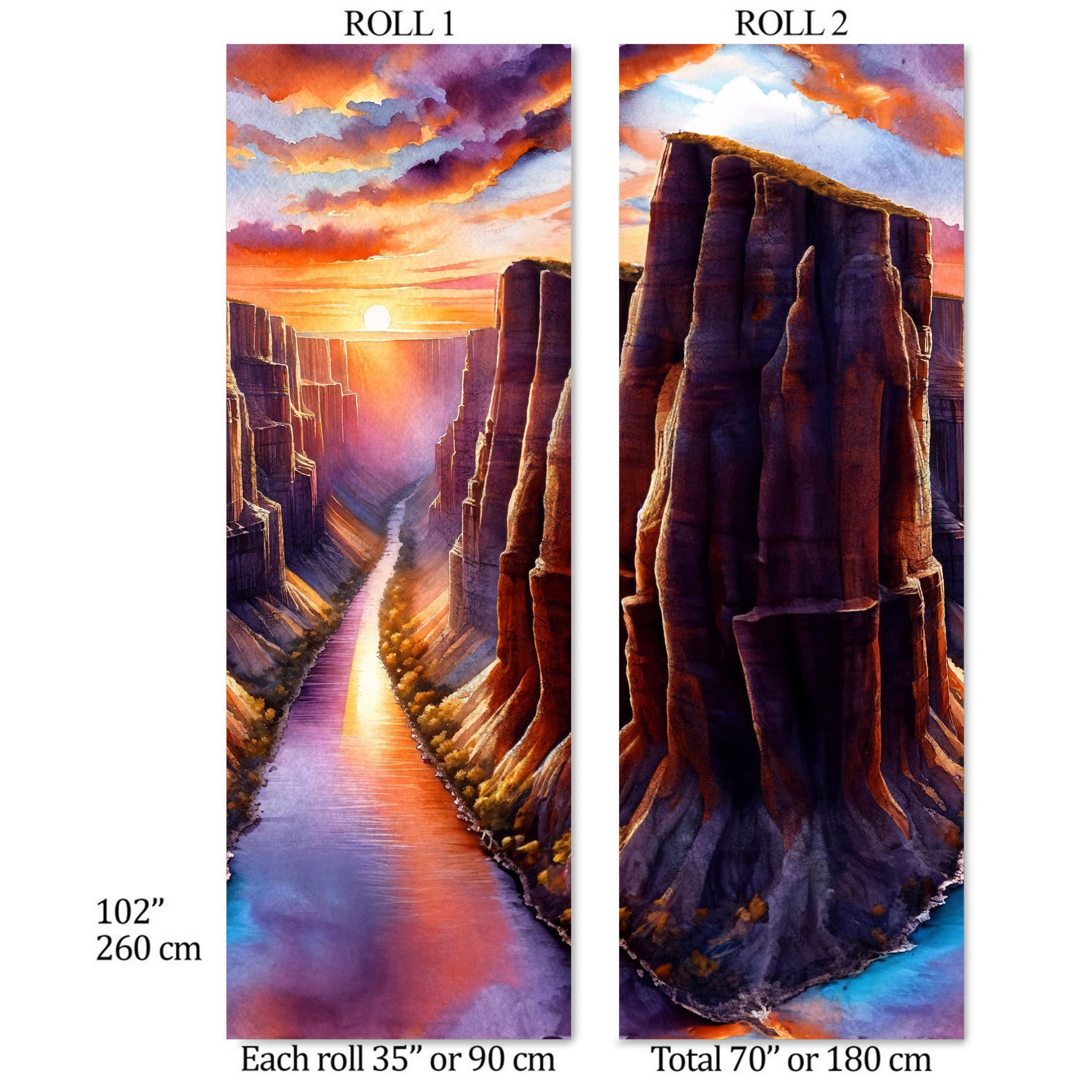 Carta da Parati Acquerello Grand Canyon al Tramonto - Arte Paesaggistica Suggestiva - 2 rotoli di carta 90 cm x 260 cm - 4.68 mq