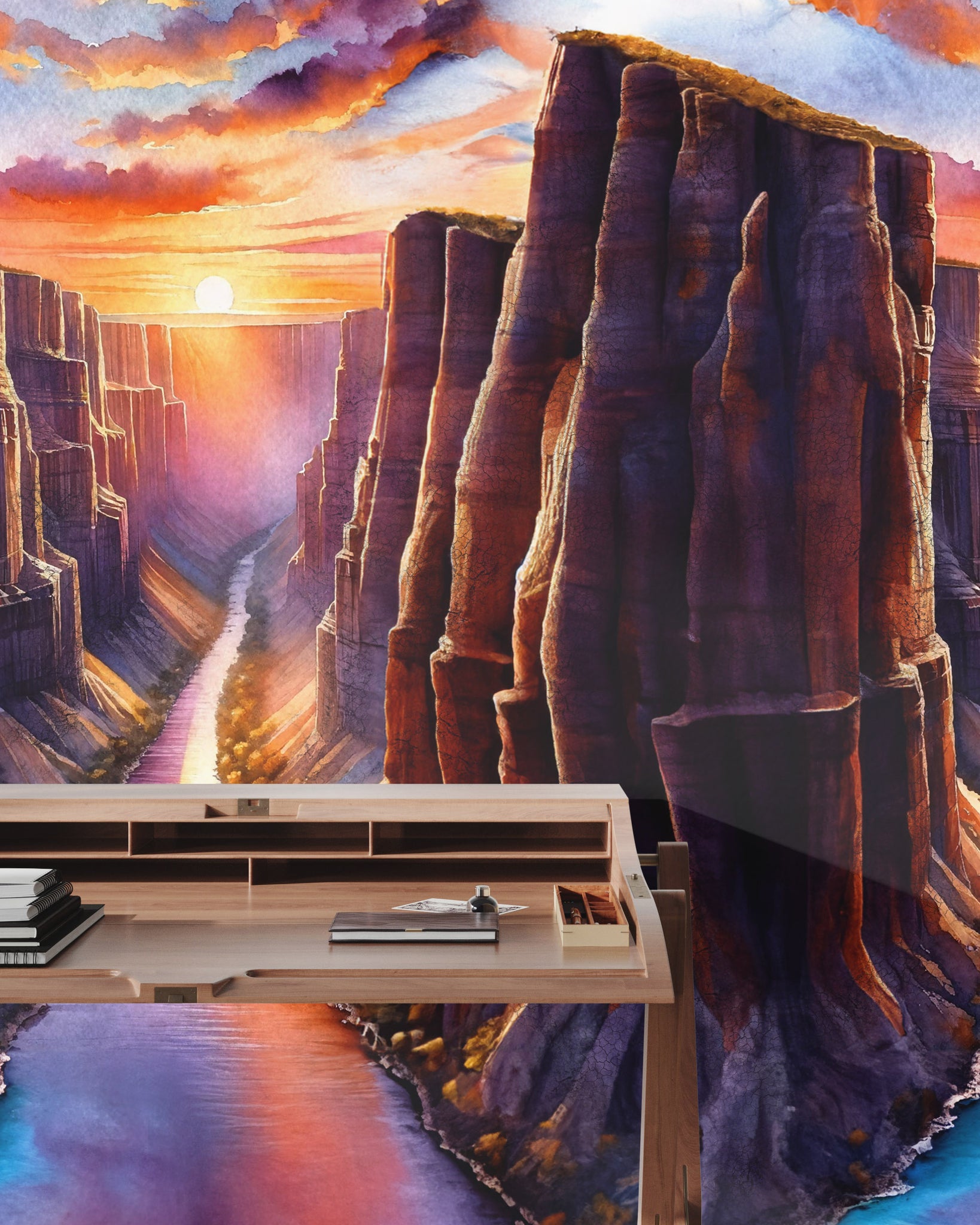 Carta da Parati Acquerello Grand Canyon al Tramonto - Arte Paesaggistica Suggestiva - 2 rotoli di carta 90 cm x 260 cm - 4.68 mq
