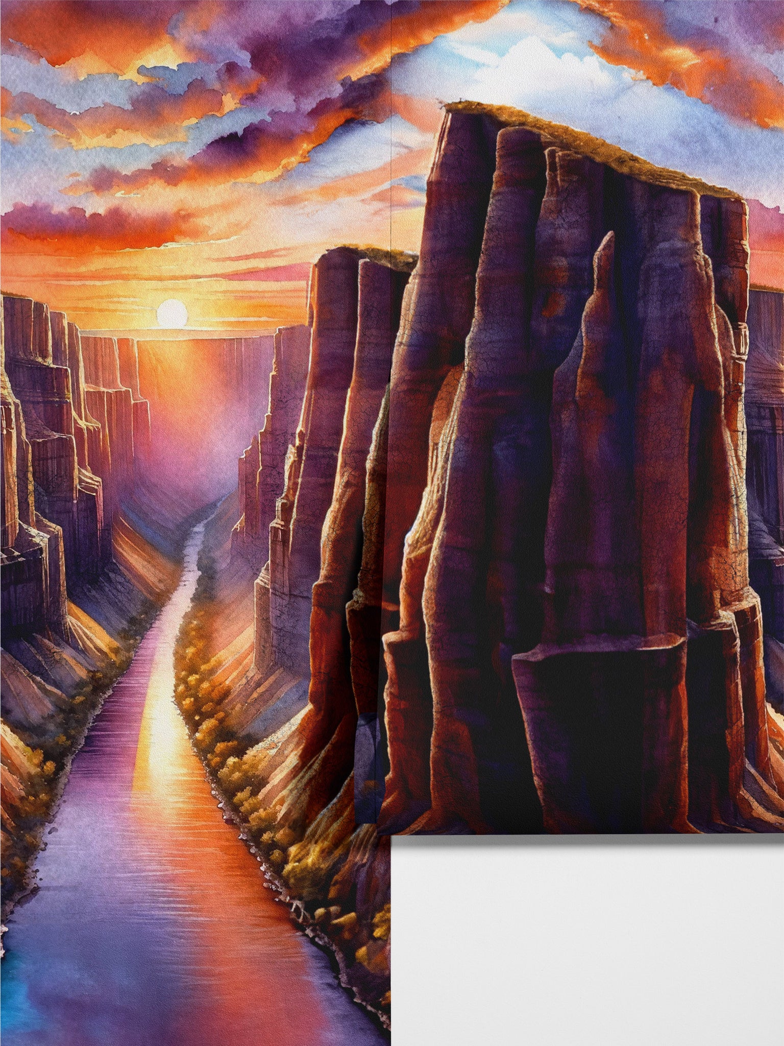 Carta da Parati Acquerello Grand Canyon al Tramonto - Arte Paesaggistica Suggestiva - 2 rotoli di carta 90 cm x 260 cm - 4.68 mq