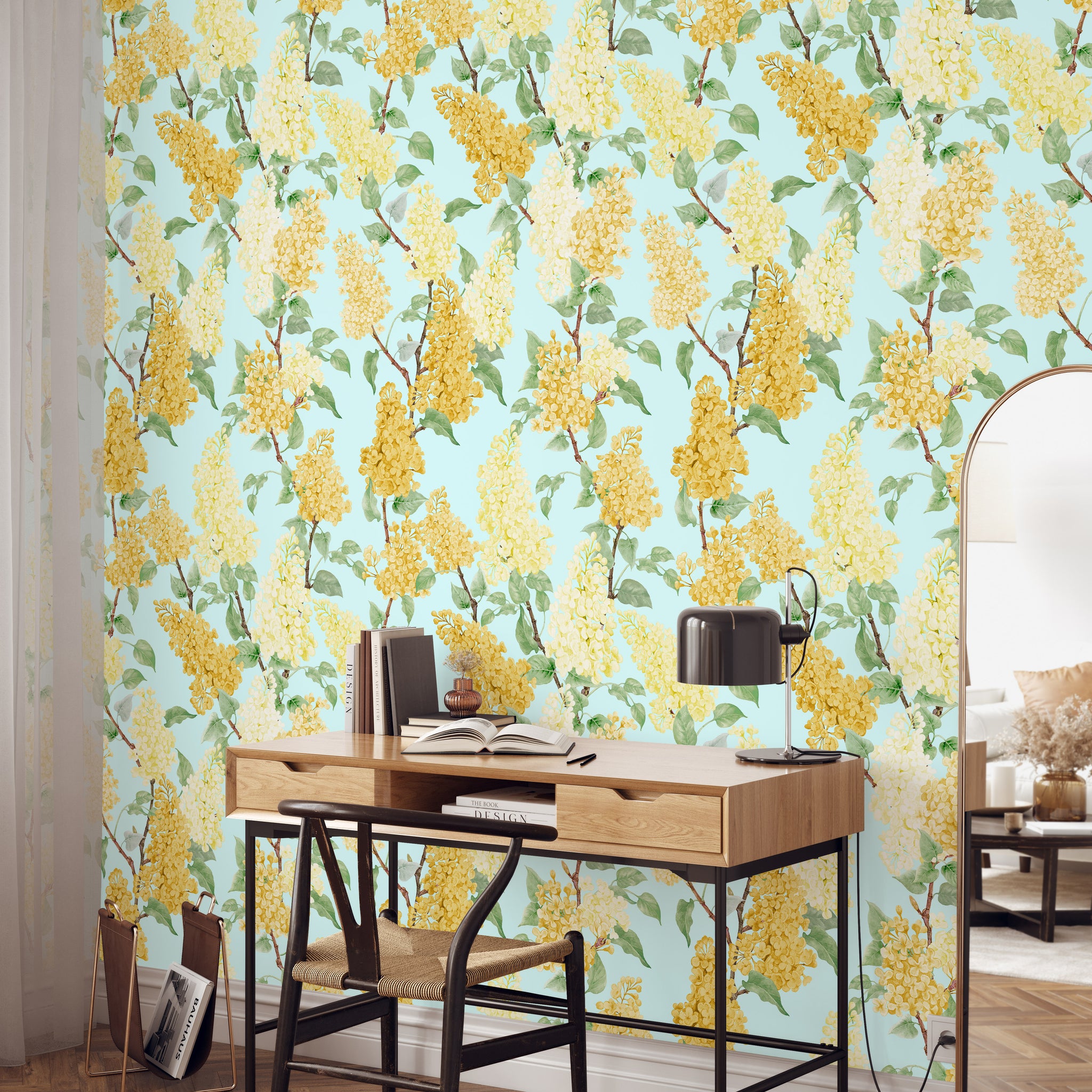 Carta da Parati Floreale con Glicini Gialli - Design Fresco e Delicato - 2 rotoli di carta 90 cm x 260 cm - 4.68 mq