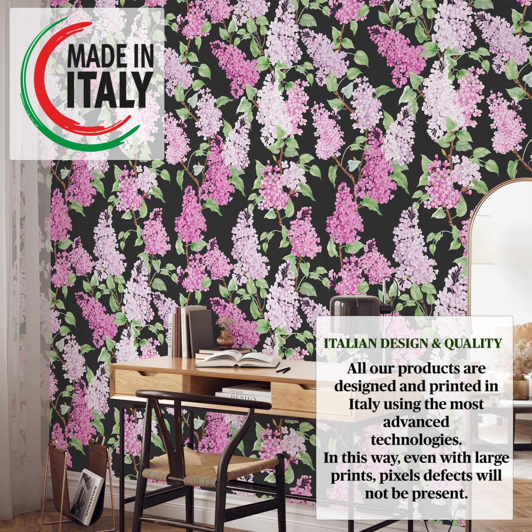 Carta da Parati Floreale con Glicini Rosa e Lilla - Design Elegante su Sfondo Nero - 2 rotoli di carta 90 cm x 260 cm - 4.68 mq