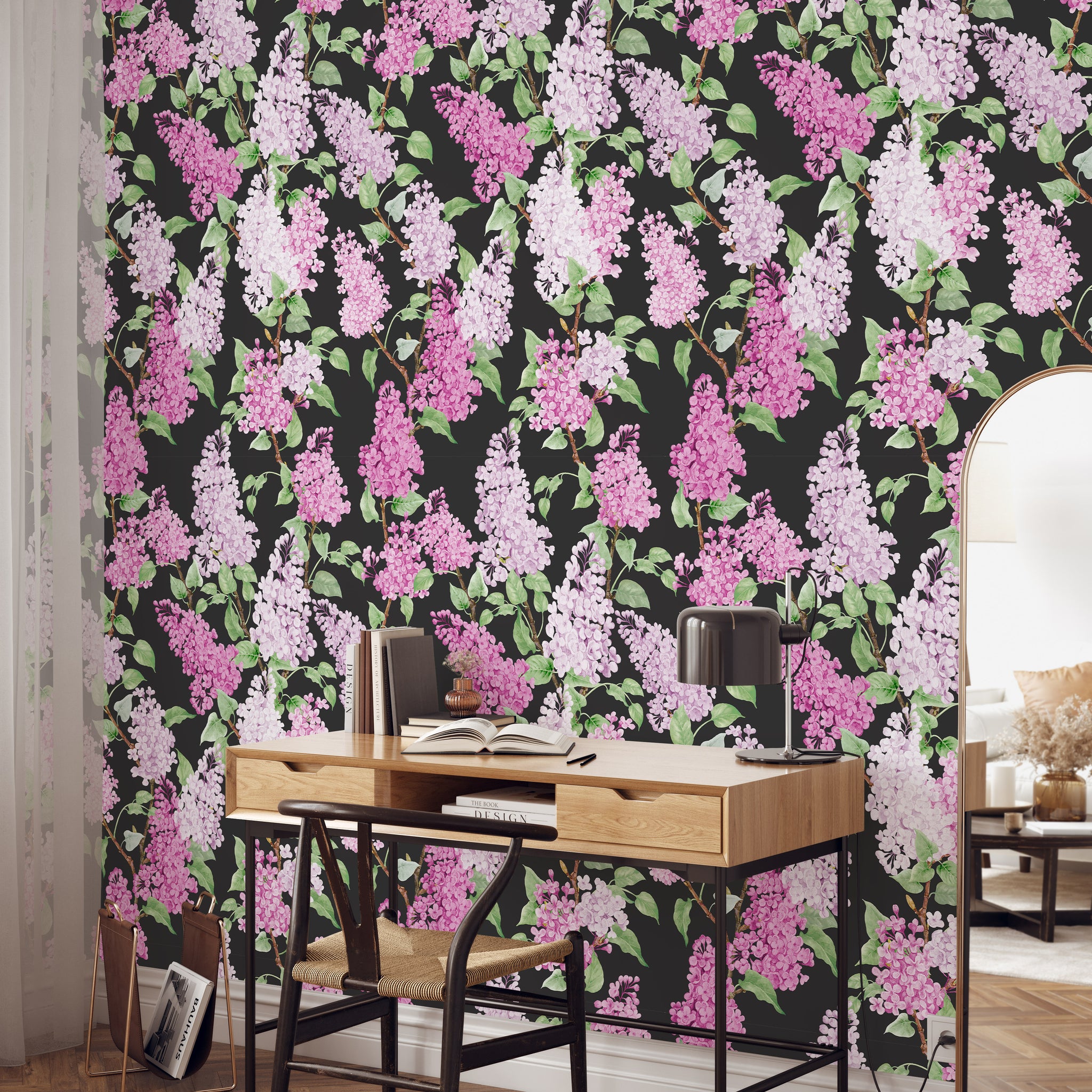 Carta da Parati Floreale con Glicini Rosa e Lilla - Design Elegante su Sfondo Nero - 2 rotoli di carta 90 cm x 260 cm - 4.68 mq