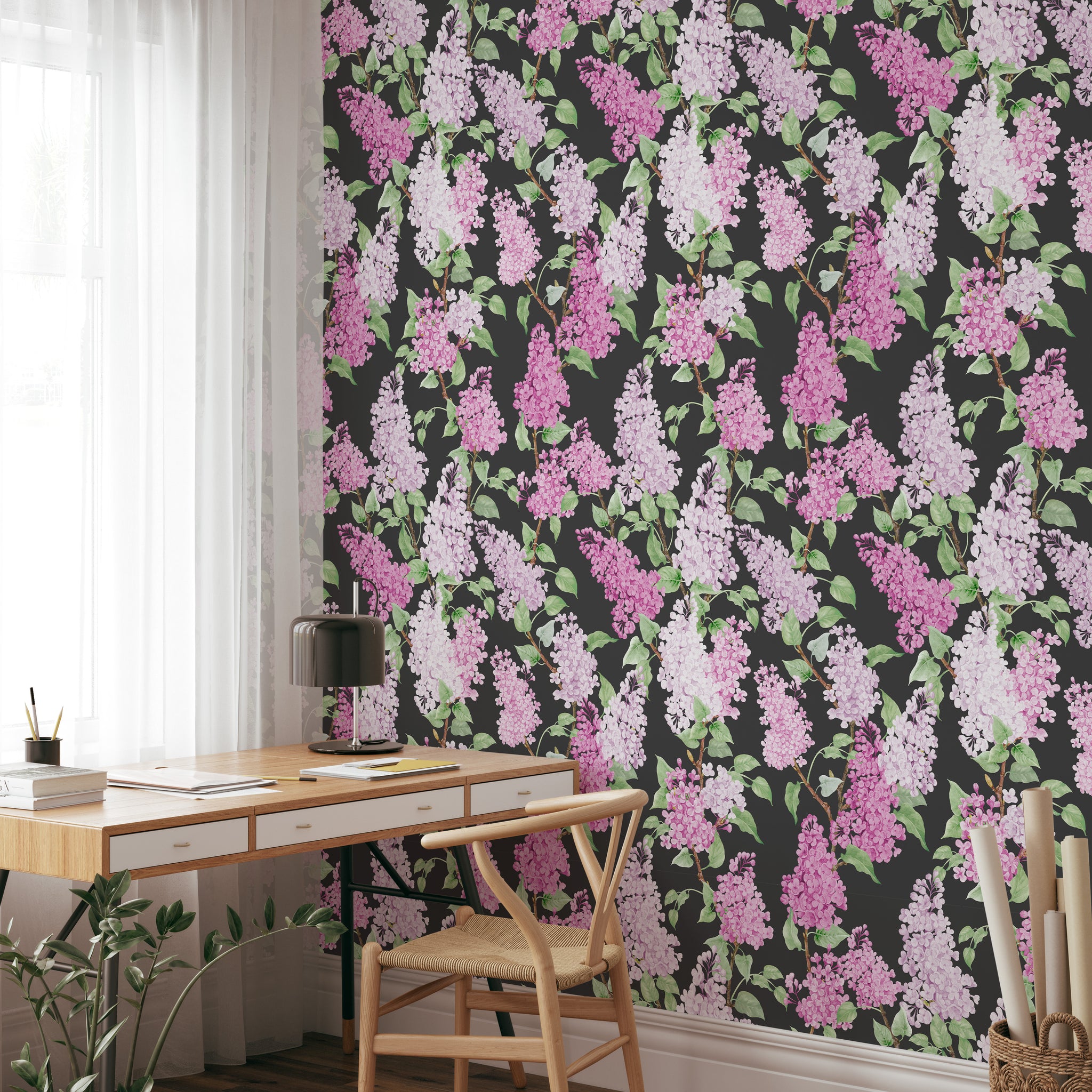 Carta da Parati Floreale con Glicini Rosa e Lilla - Design Elegante su Sfondo Nero - 2 rotoli di carta 90 cm x 260 cm - 4.68 mq