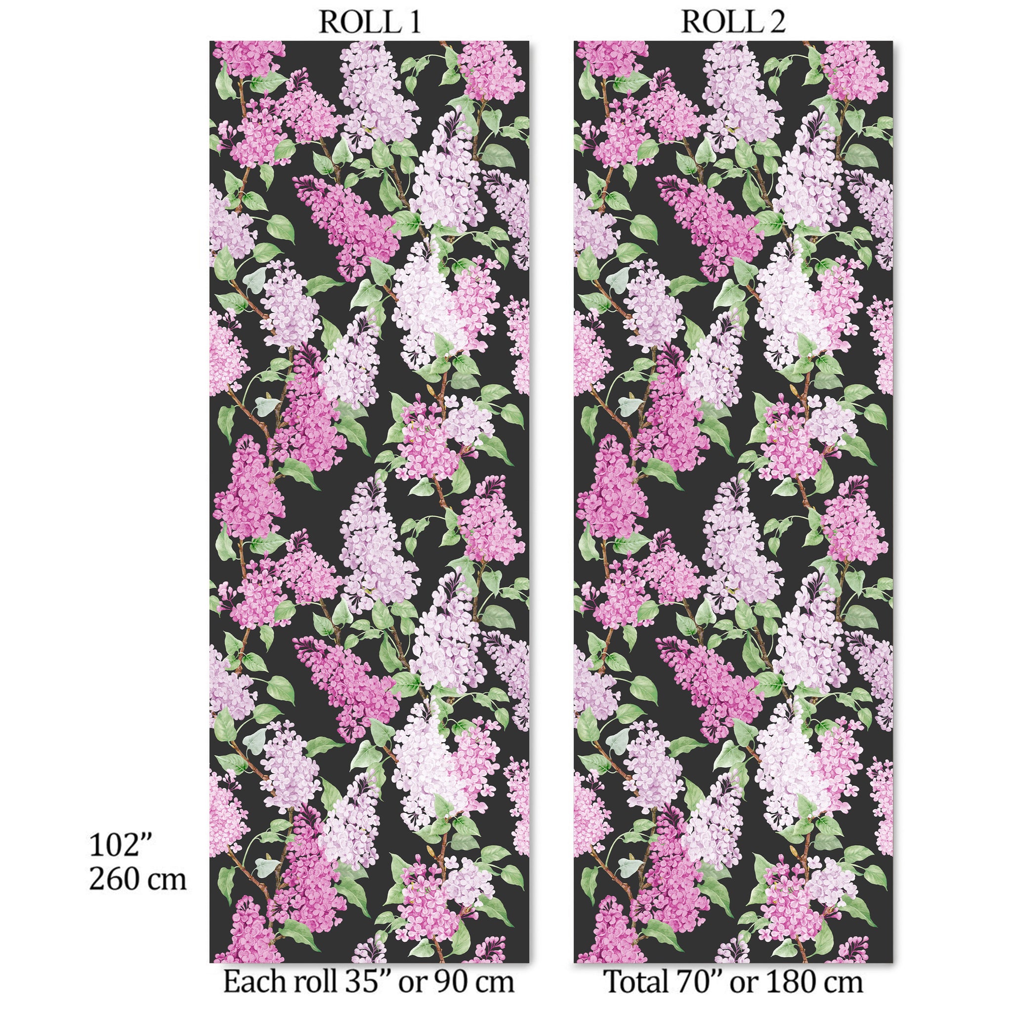 Carta da Parati Floreale con Glicini Rosa e Lilla - Design Elegante su Sfondo Nero - 2 rotoli di carta 90 cm x 260 cm - 4.68 mq
